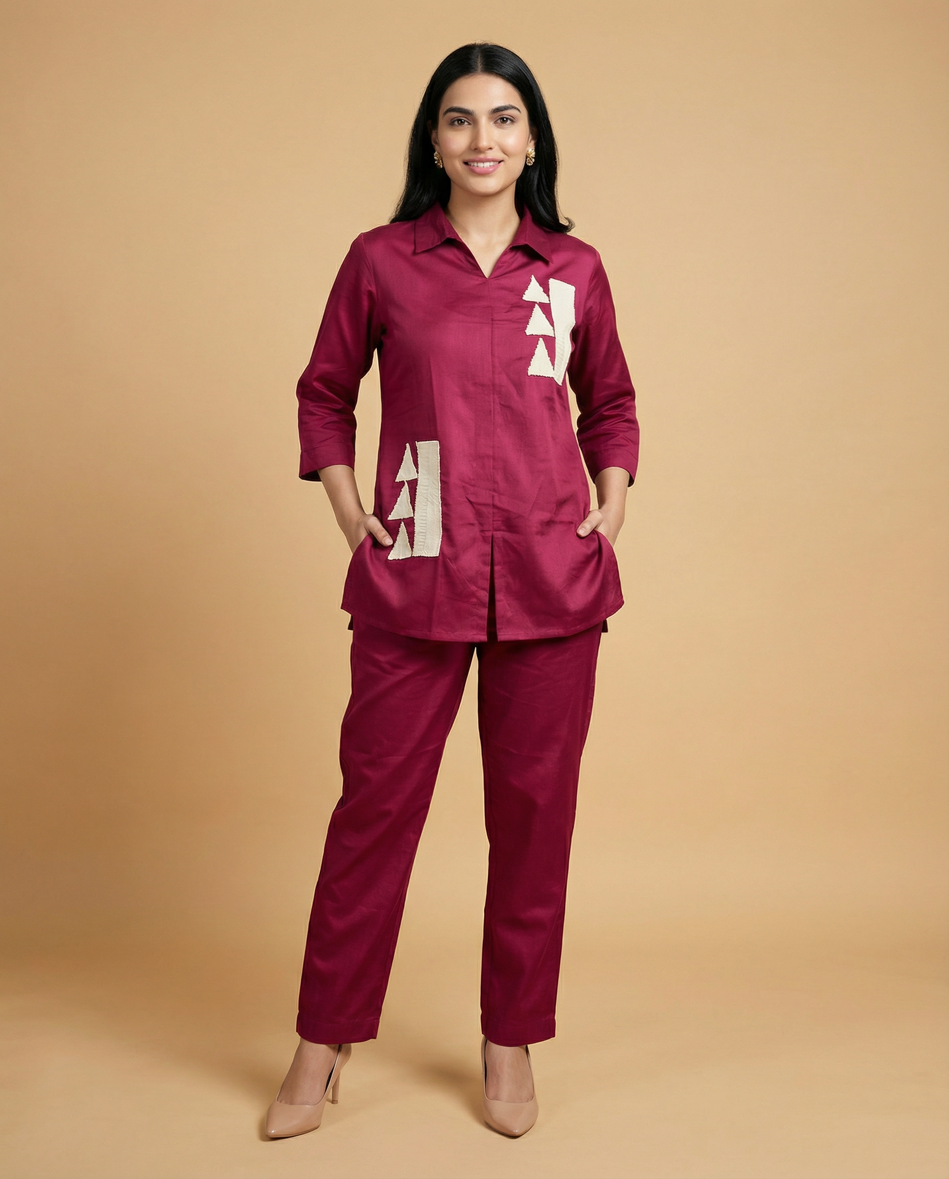 Maroon Whimsy Thread Work Giza Silk Coord Set