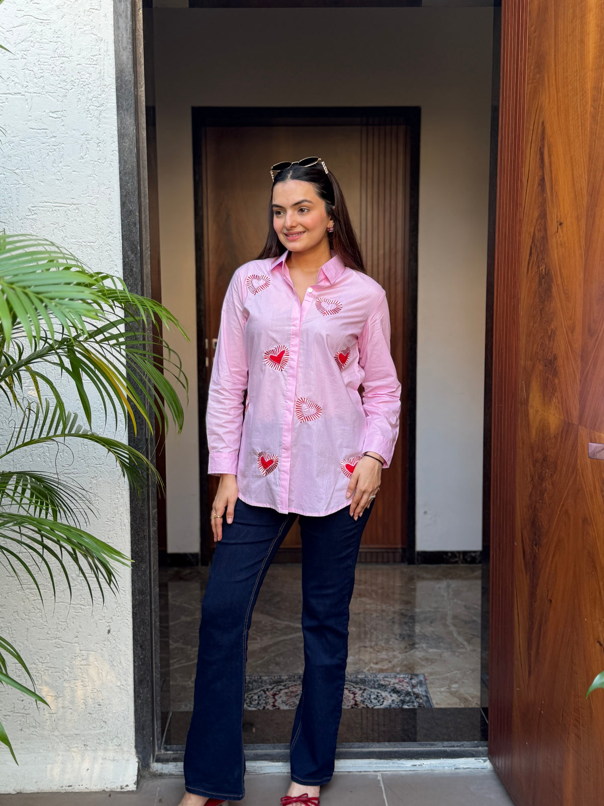 Pink Textured Heart Applique Rich Poplin Shirt