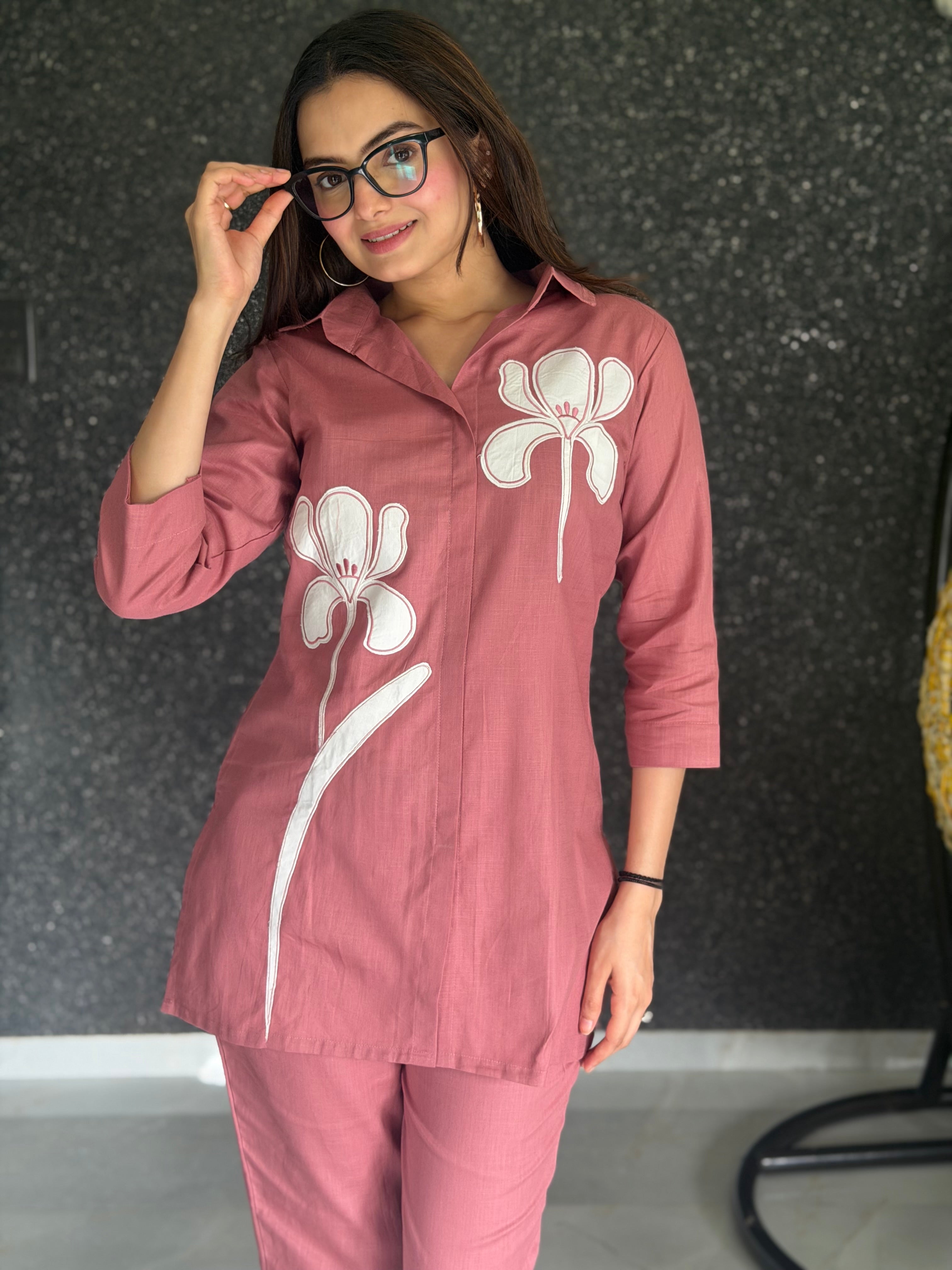 Terracotta Blush Pure Linen Orchid Applique Coord Set