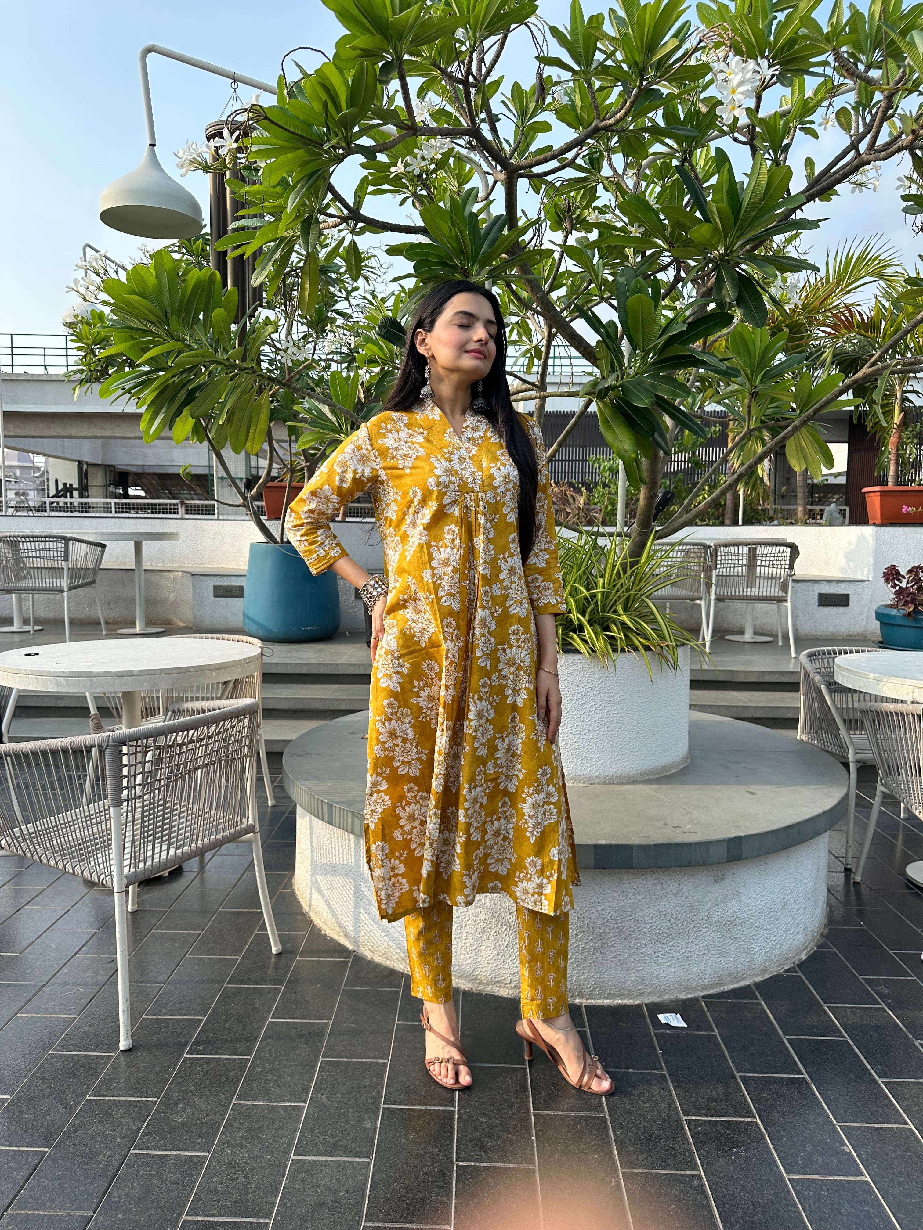 Sunbeam Petals Mustard Floral Print A-Line Kurti Pant Set