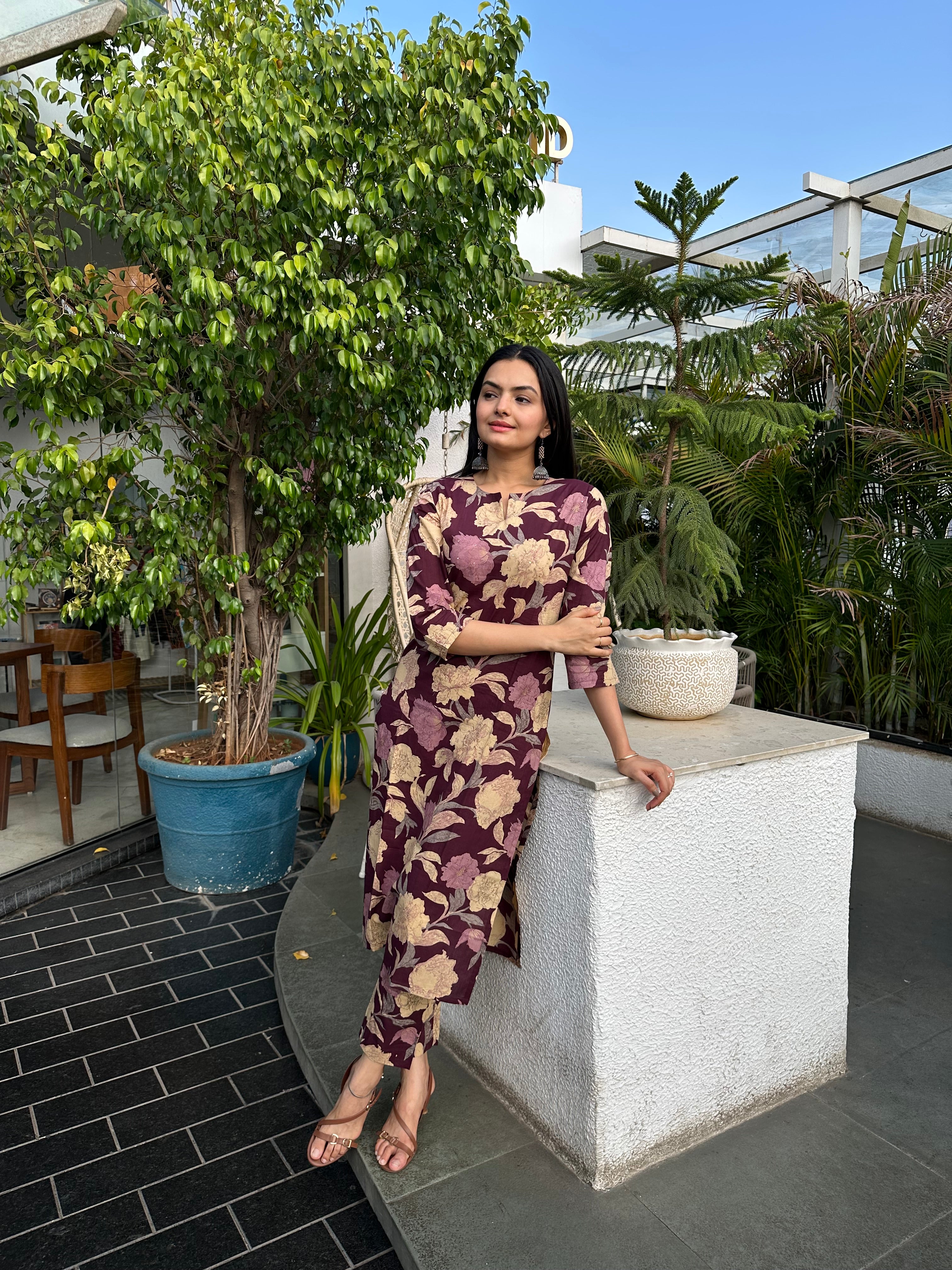Wine Floral Foil Printed Kurta Set