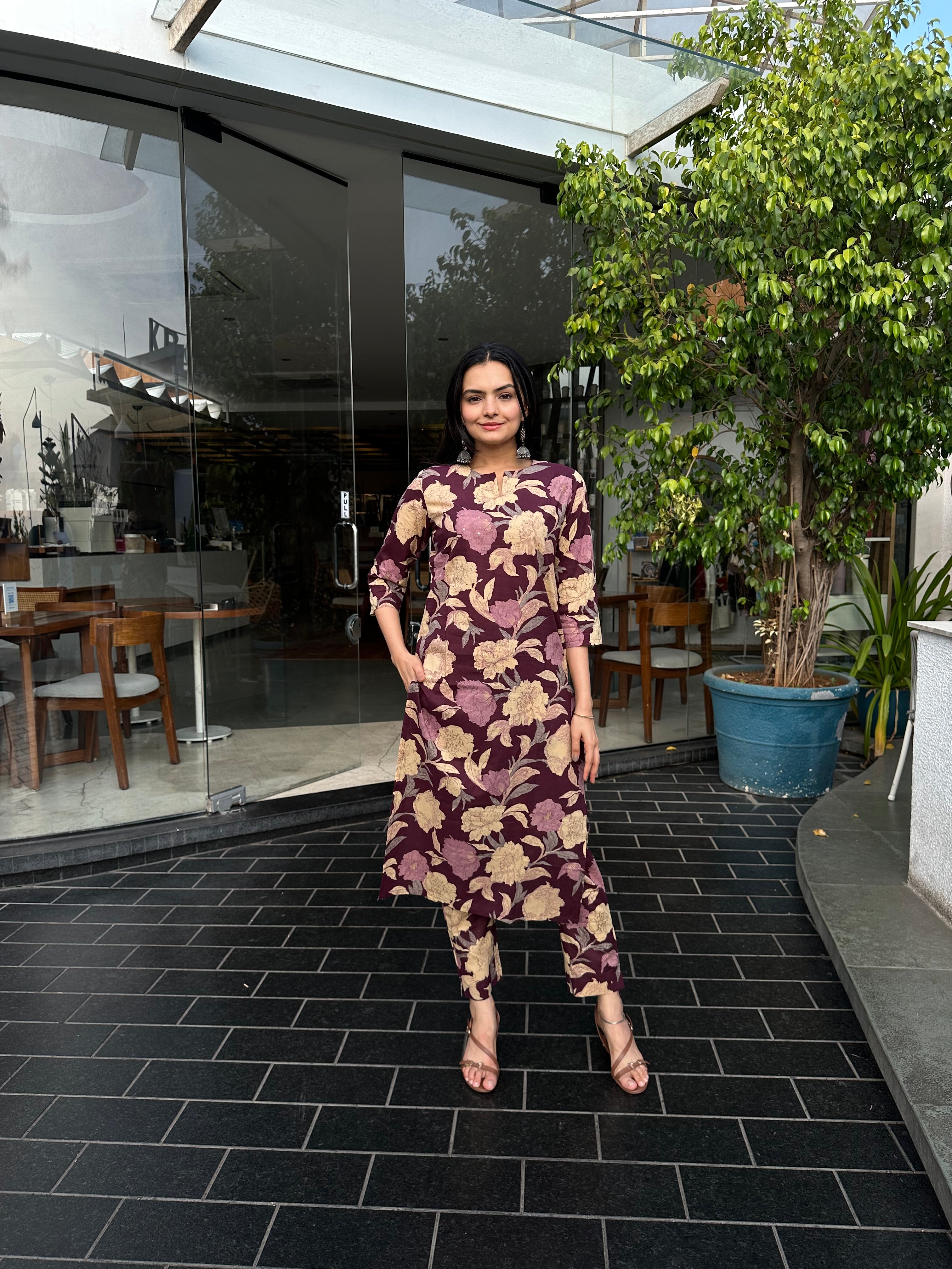 Wine Floral Foil Printed Kurta Set