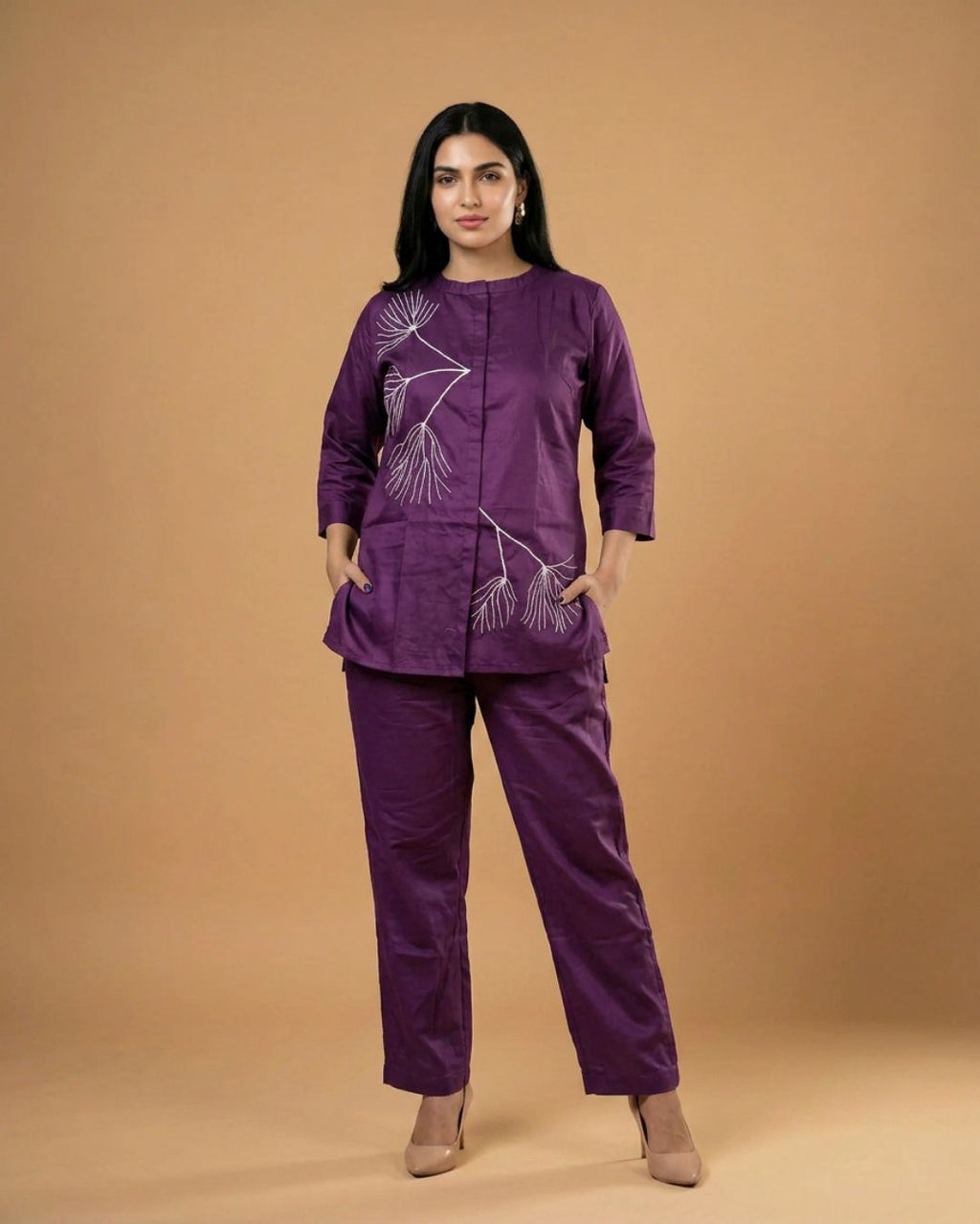 Amethyst Purple Thread Work Giza Silk Coord Set