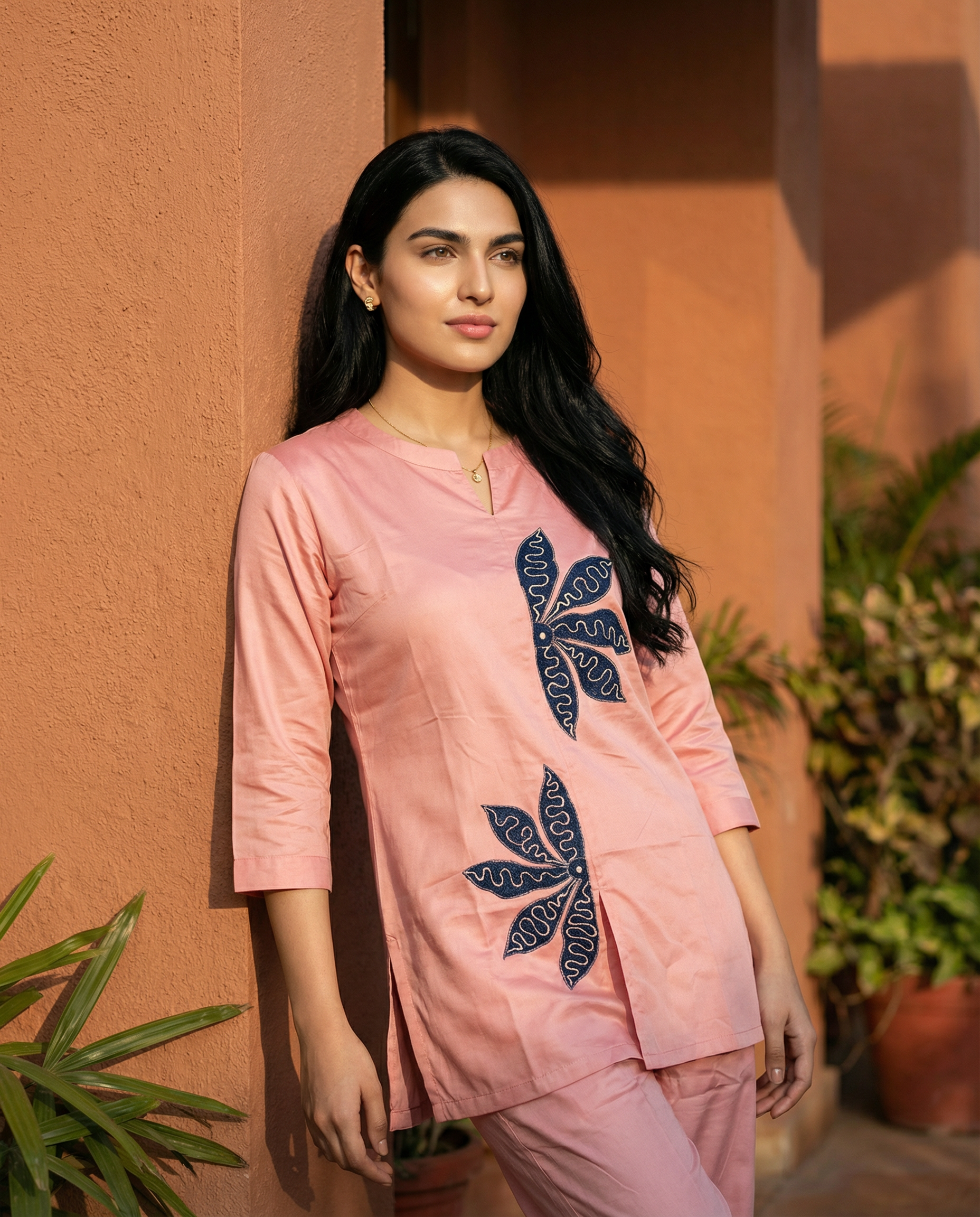 Osis Peach Floral Applique Giza Silk Coord Set