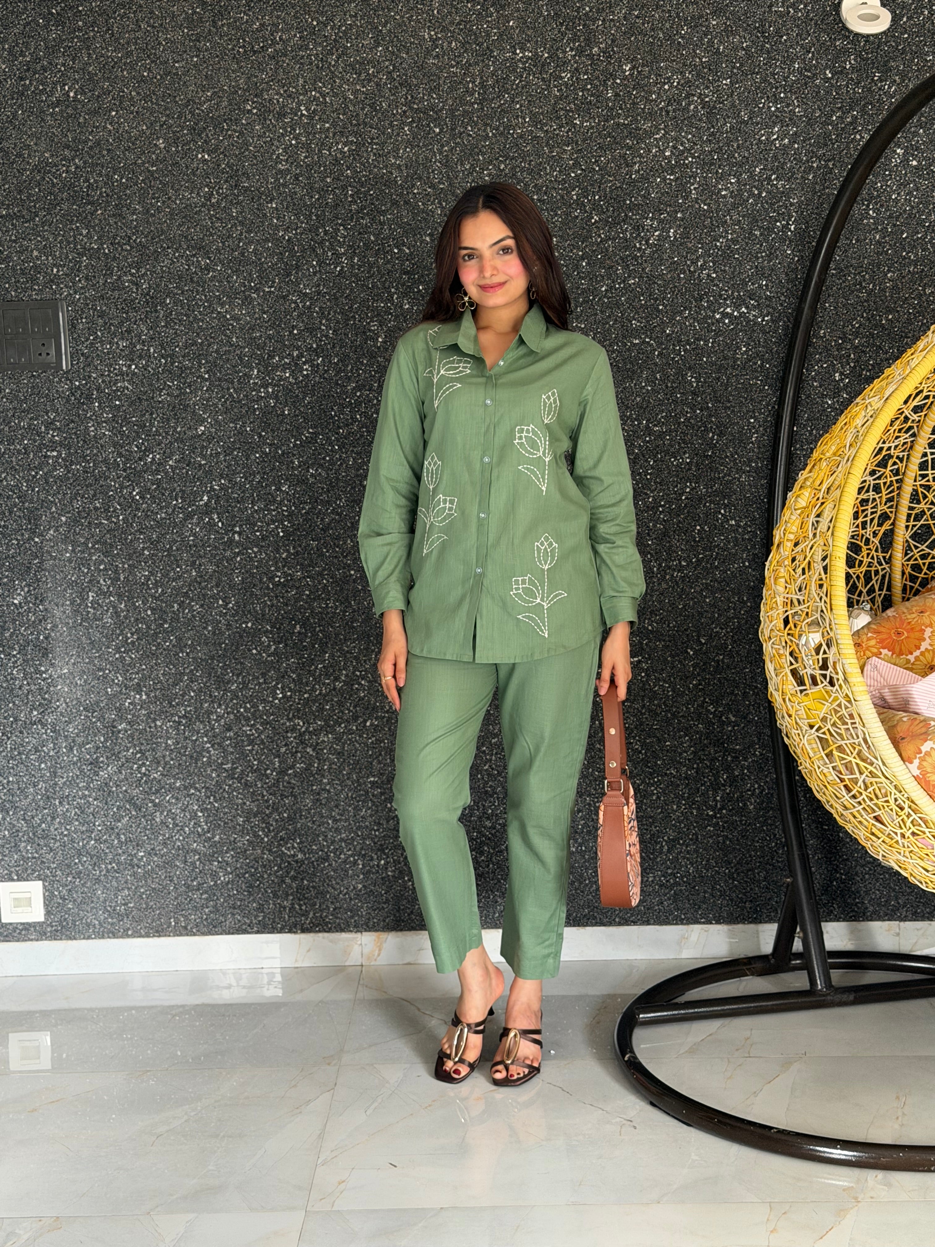 Green Tulip Floral Embroidered Pure Linen Coord Set