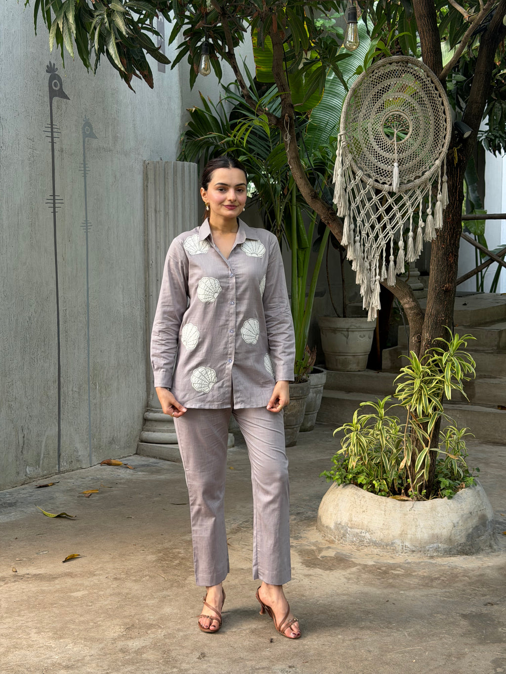 Mushroom Grey Floral Applique Pure Linen Coord Set