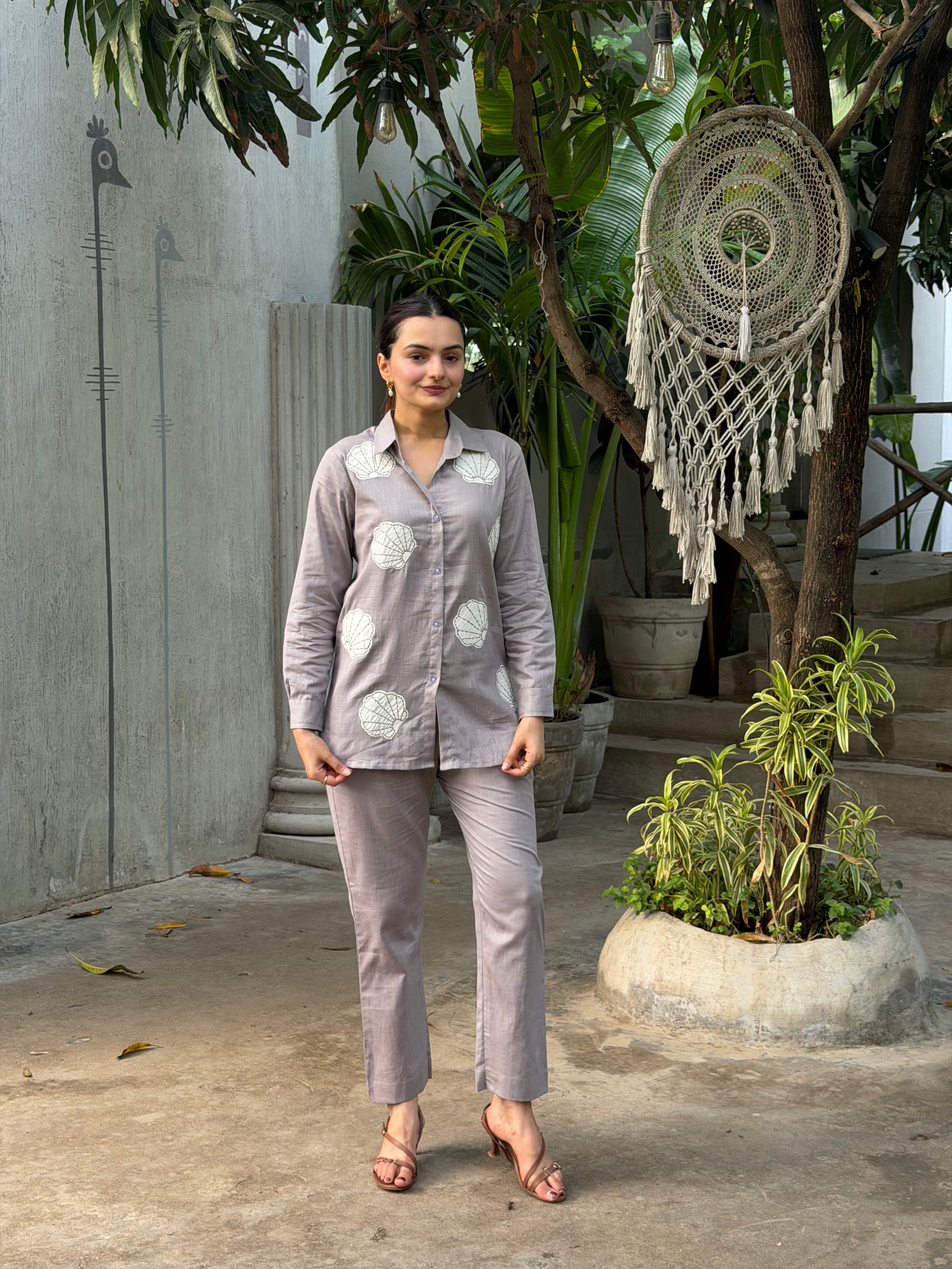 Mushroom Grey Floral Applique Pure Linen Coord Set