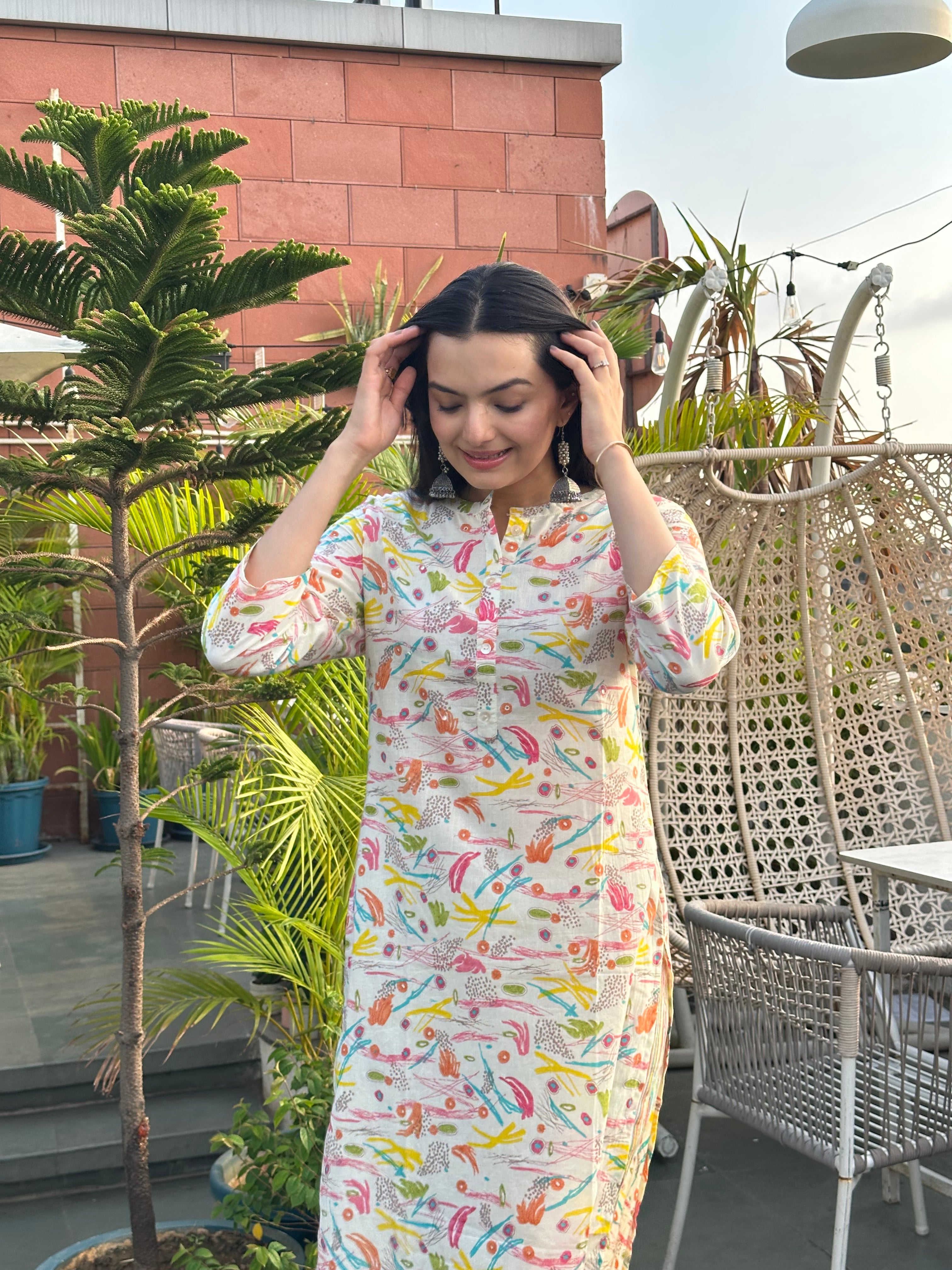 Cream Brush Print kurti pant set