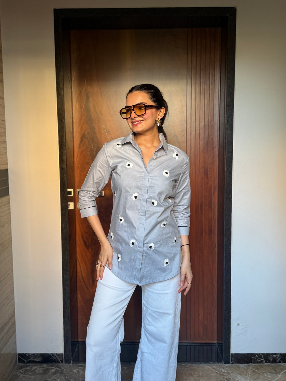 Silver Mist Floral Embroidered Premium Rich Poplin Shirt