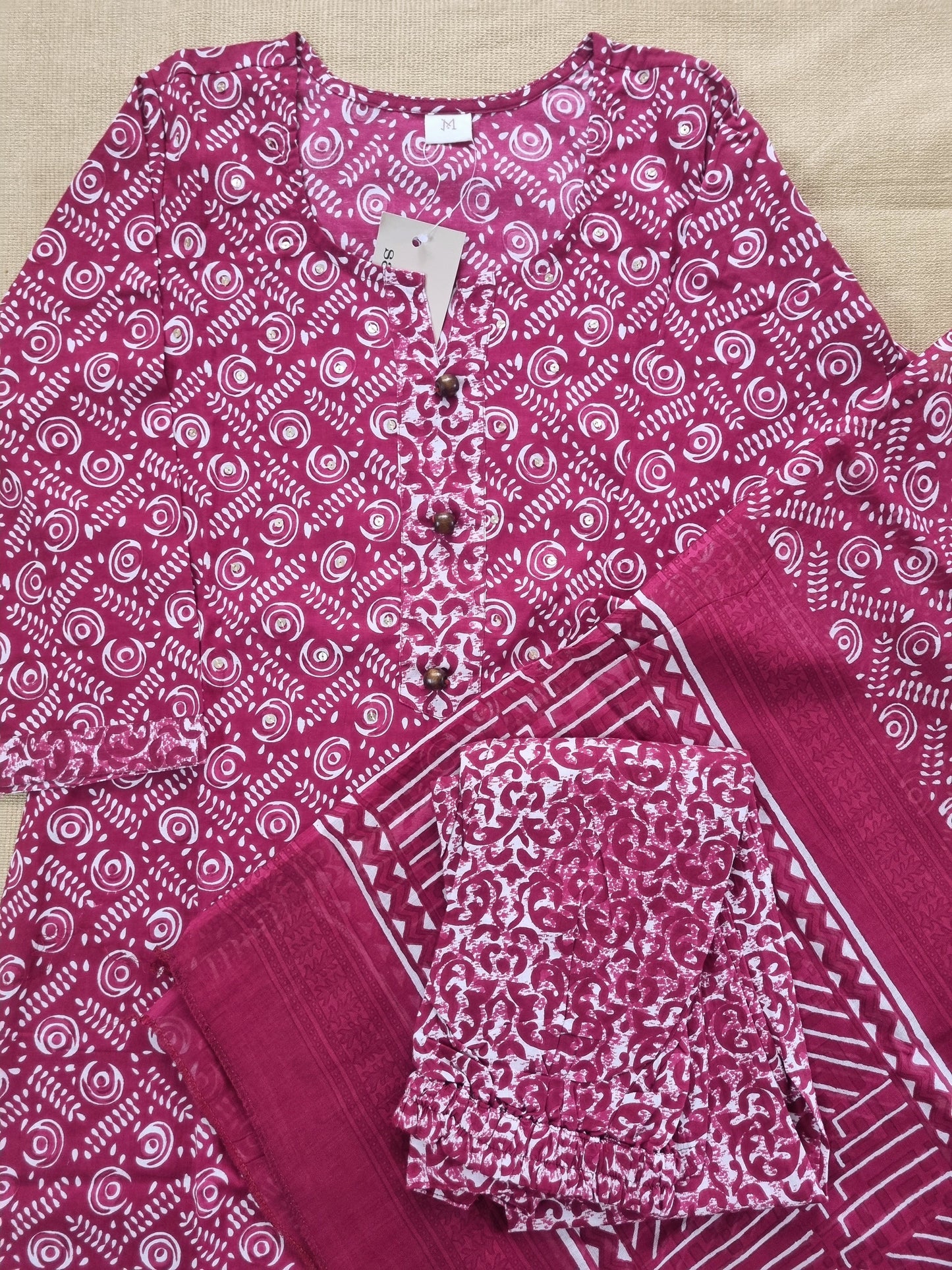 Deep Pink Jaipuri Print Kurti Pant Dupatta Set