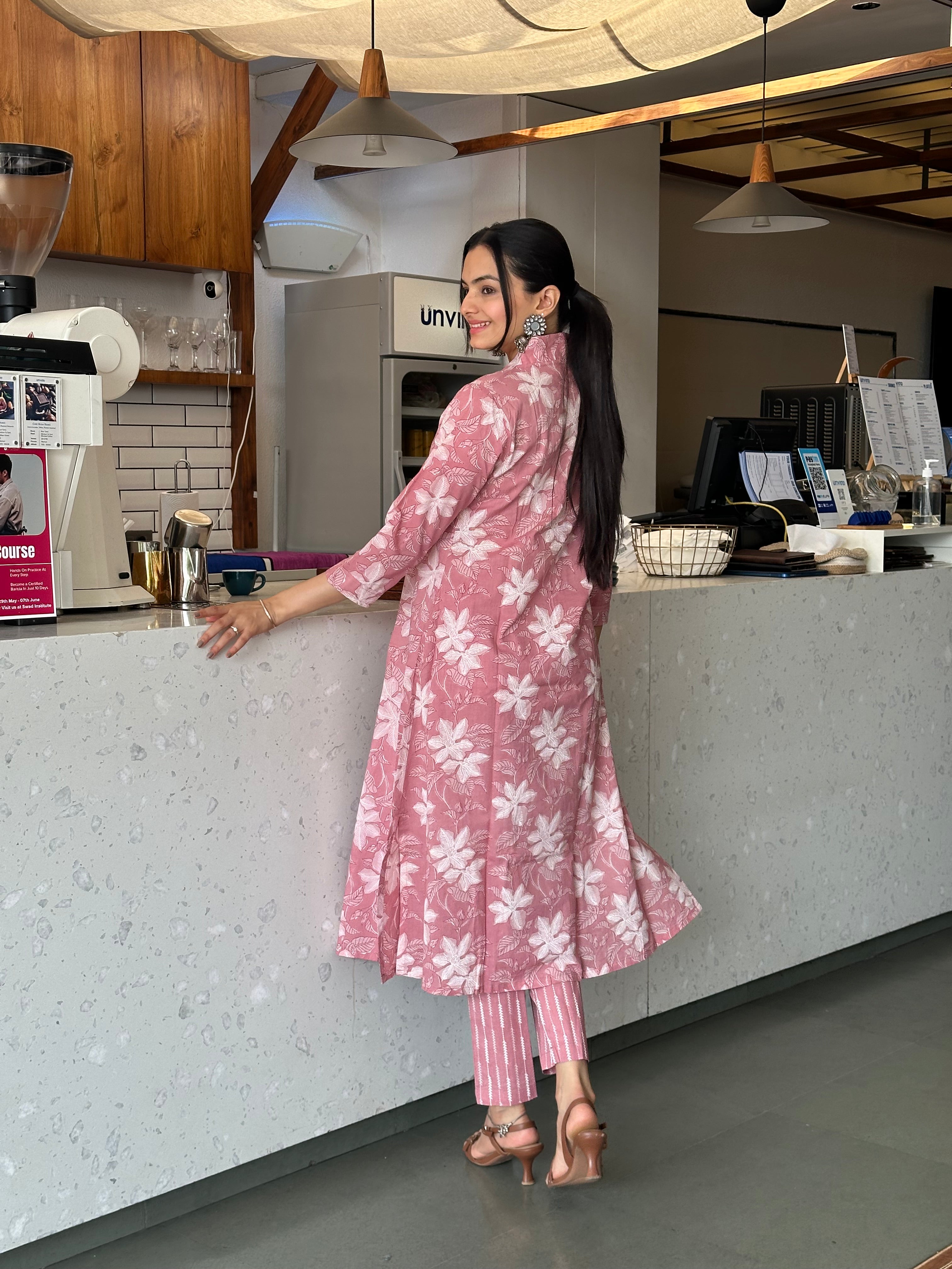 Ethereal Peach Blossom Print A-Line Kurti Pant Set