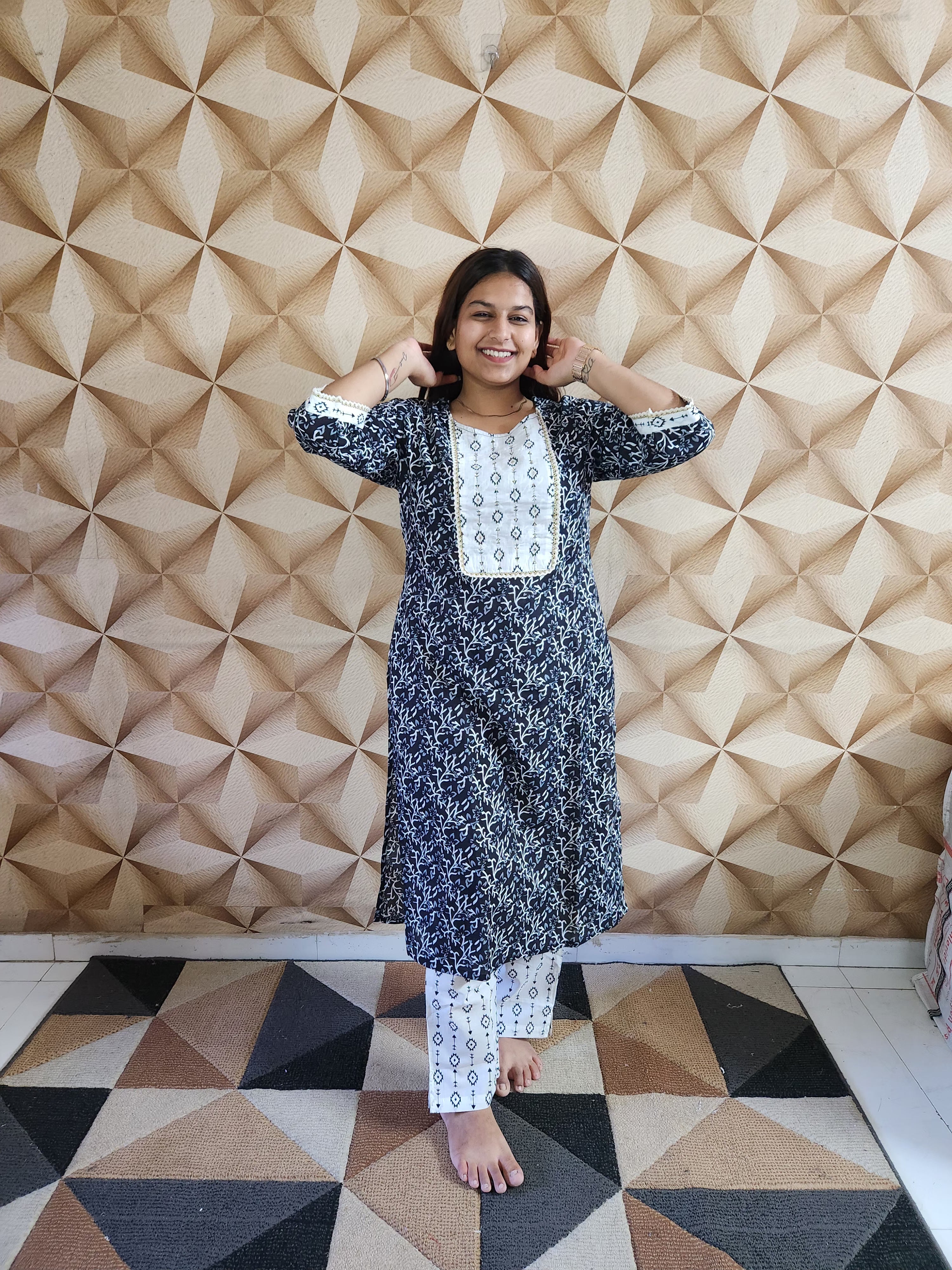 Deep Navy Blue and White Printed Kurti Pant Set