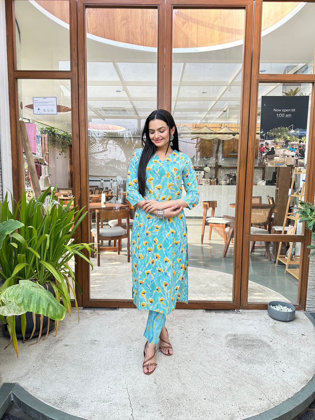 Ethnic Sky Blue Jaipuri Print Kurti Pant Set