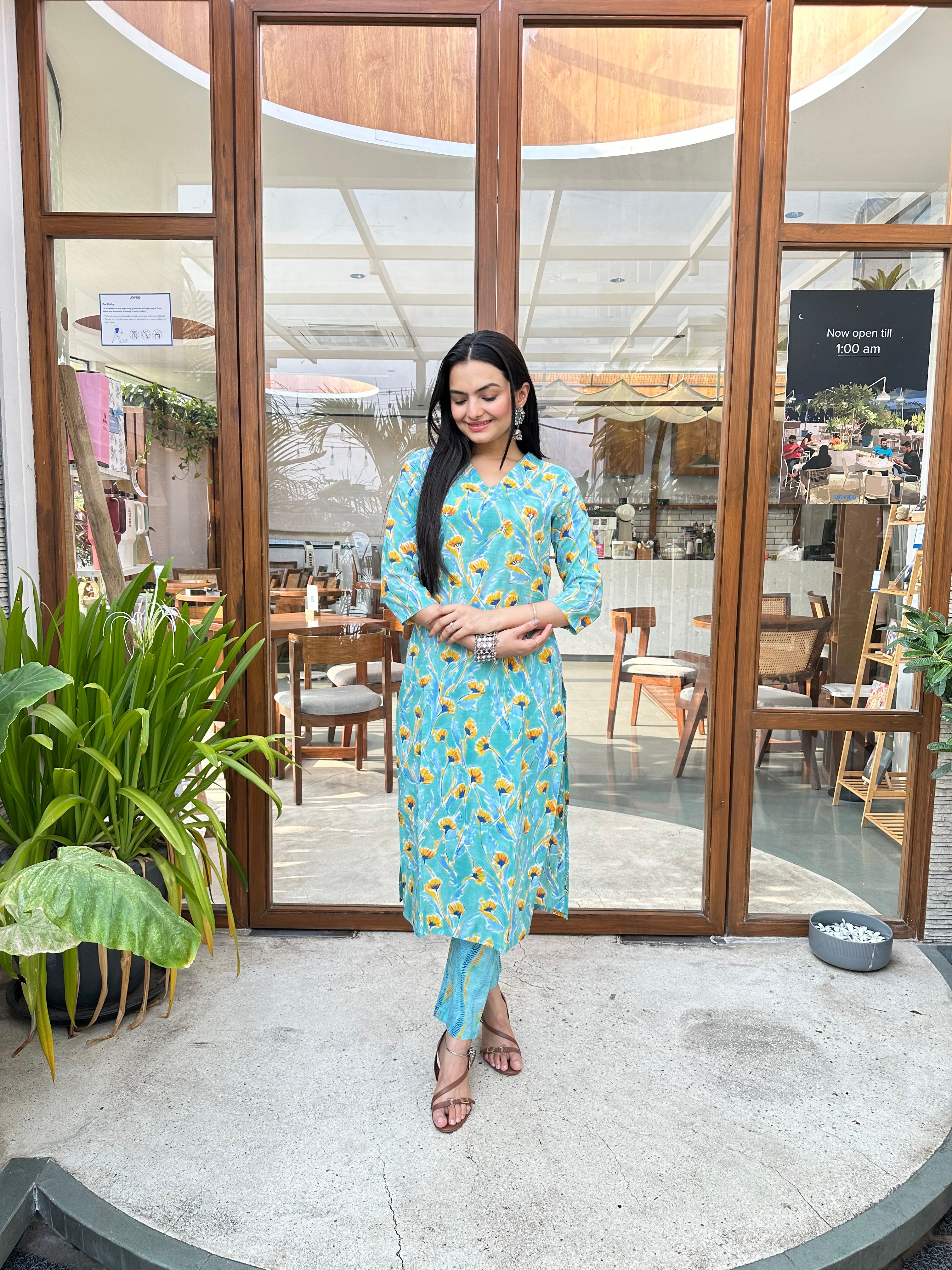 Ethnic Sky Blue Jaipuri Print Kurti Pant Set