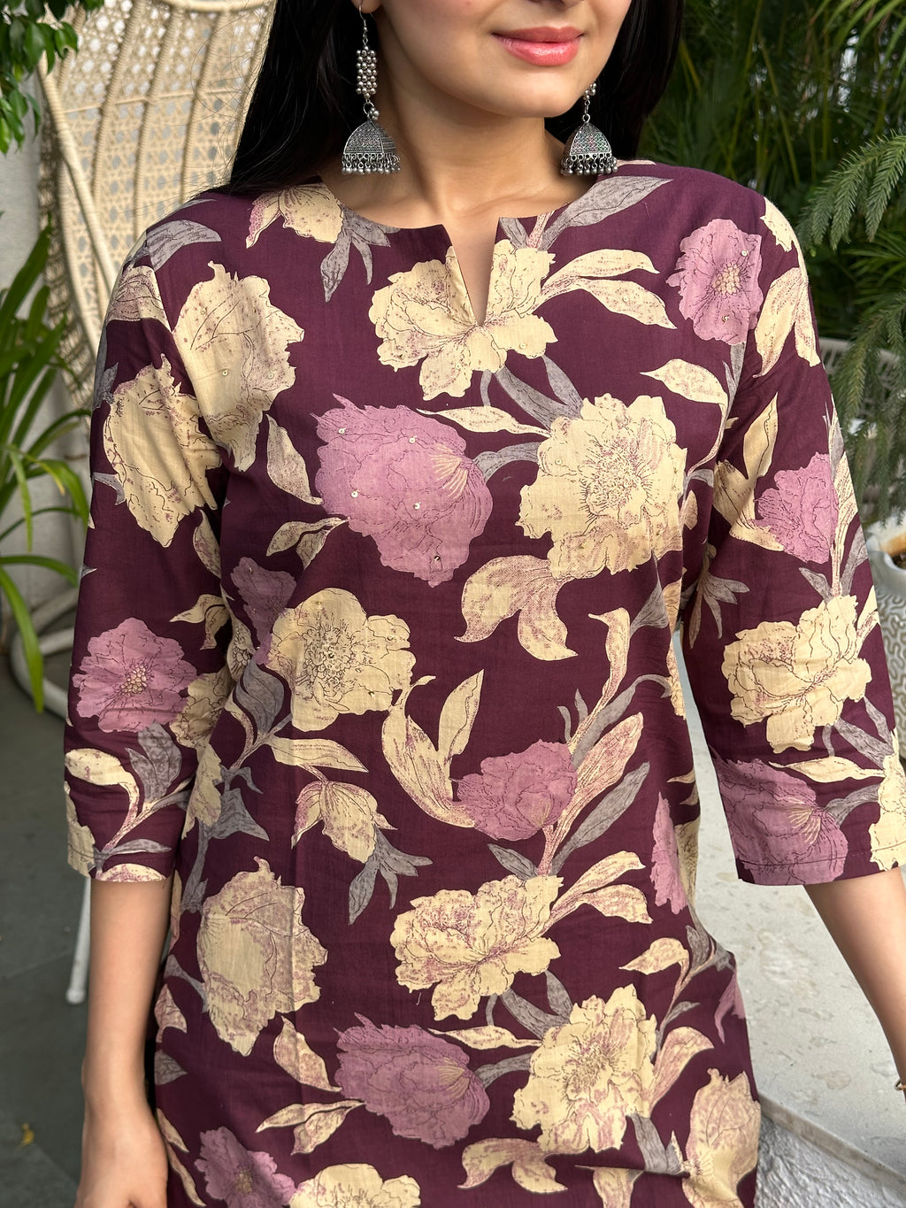 Wine Floral Foil Printed Kurta Set