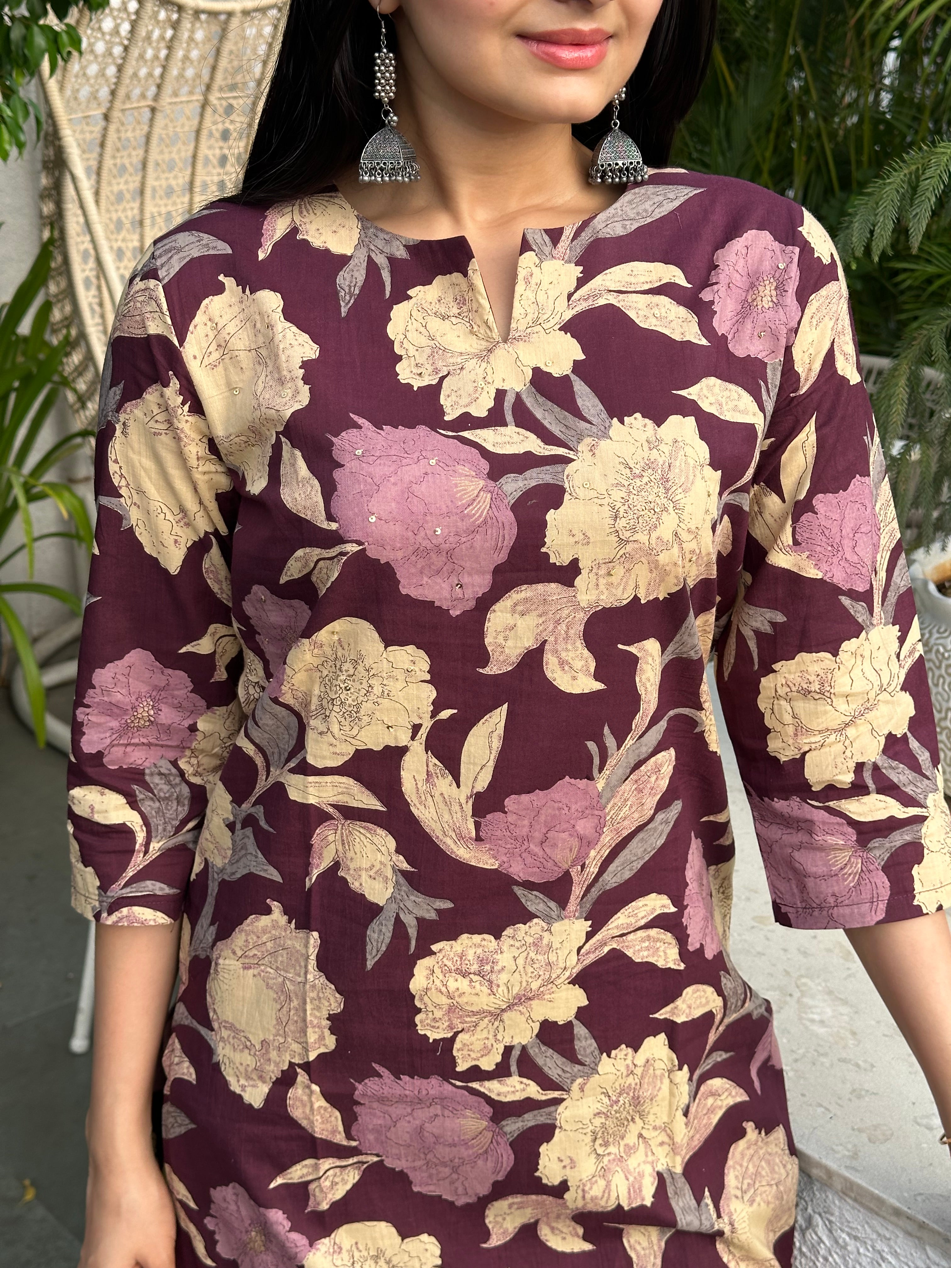 Wine Floral Foil Printed Kurta Set