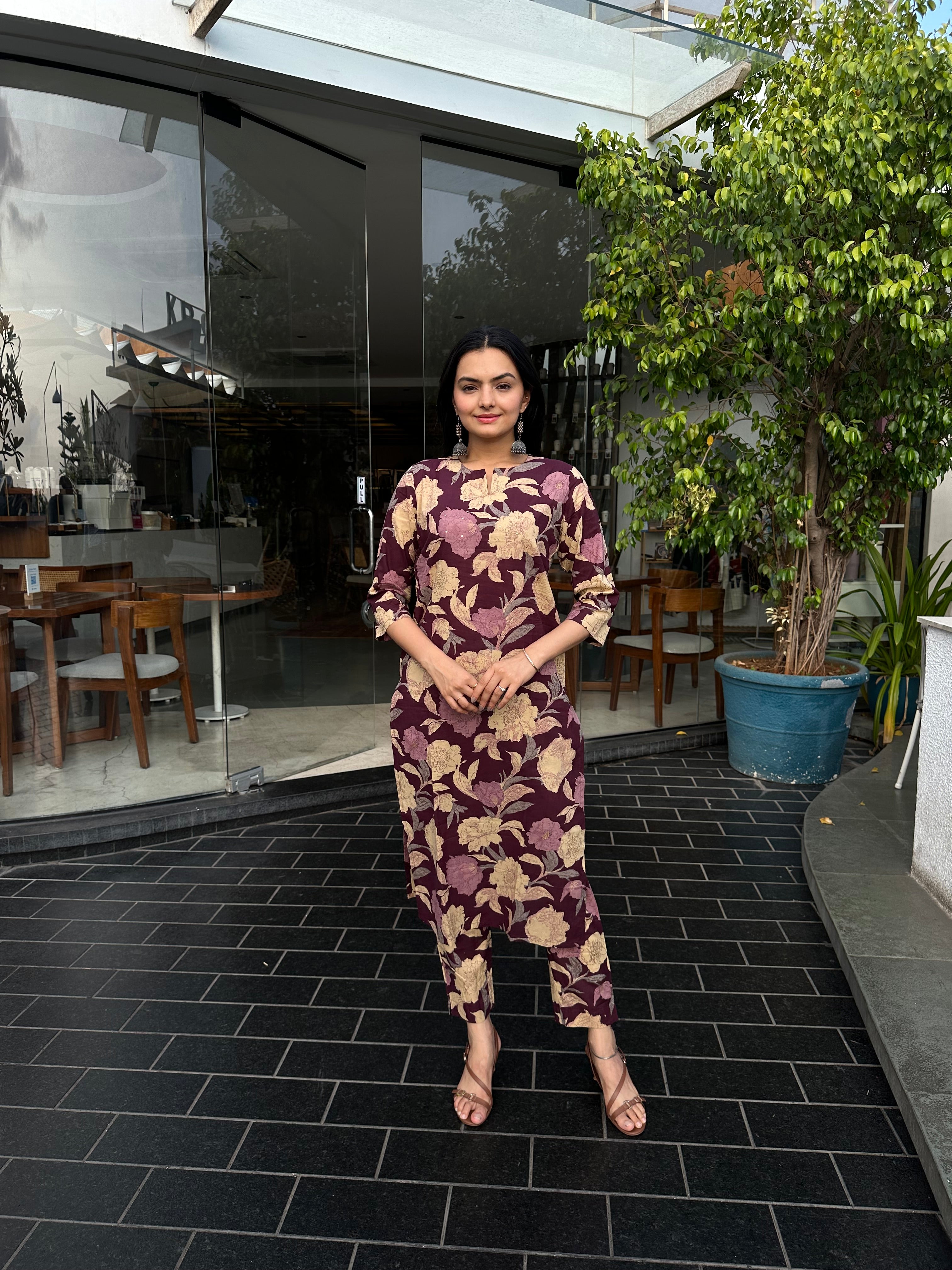 Wine Floral Foil Printed Kurta Set