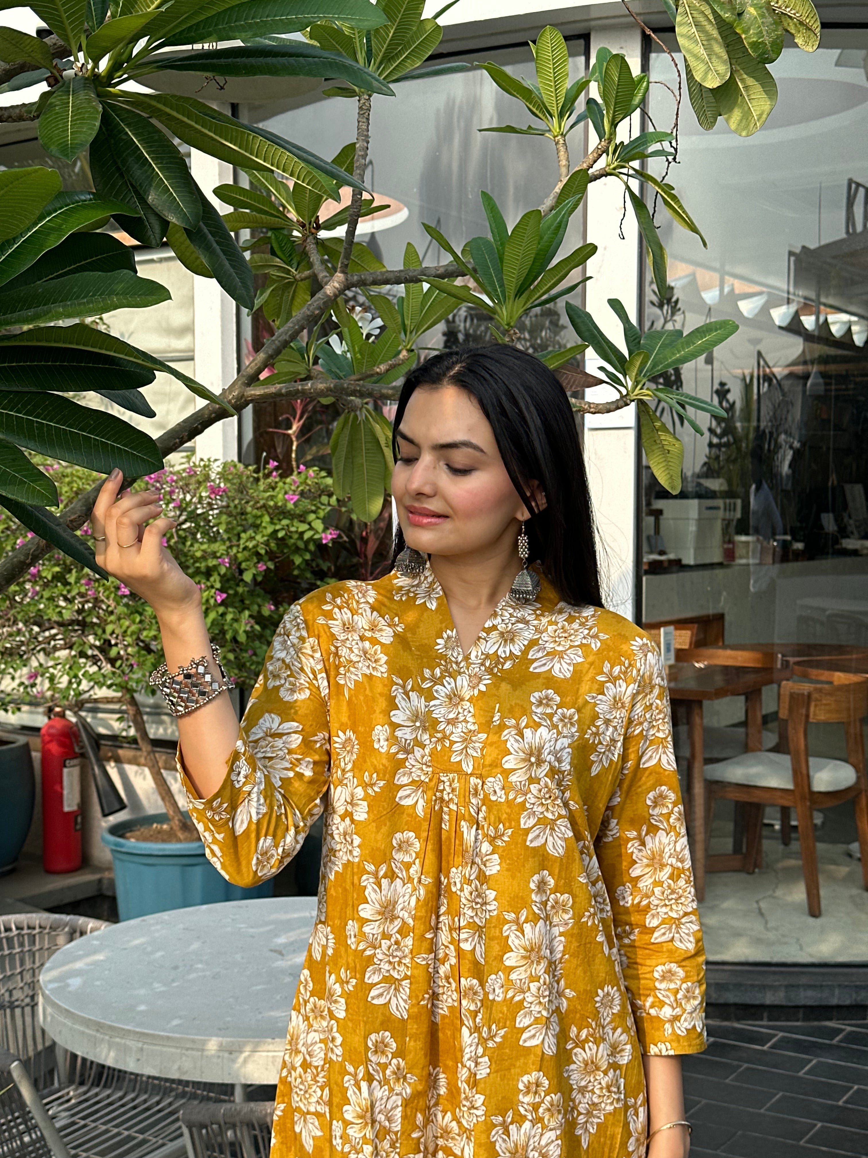 Sunbeam Petals Mustard Floral Print A-Line Kurti Pant Set