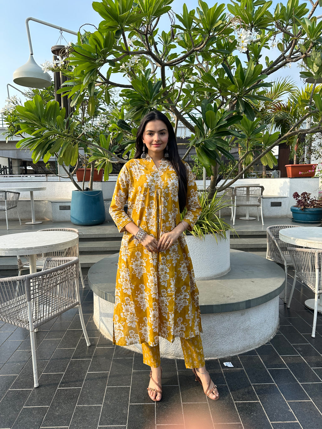 Sunbeam Petals Mustard Floral Print A-Line Kurti Pant Set