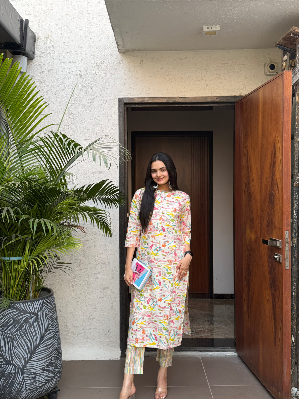 Cream Brush Print kurti pant set