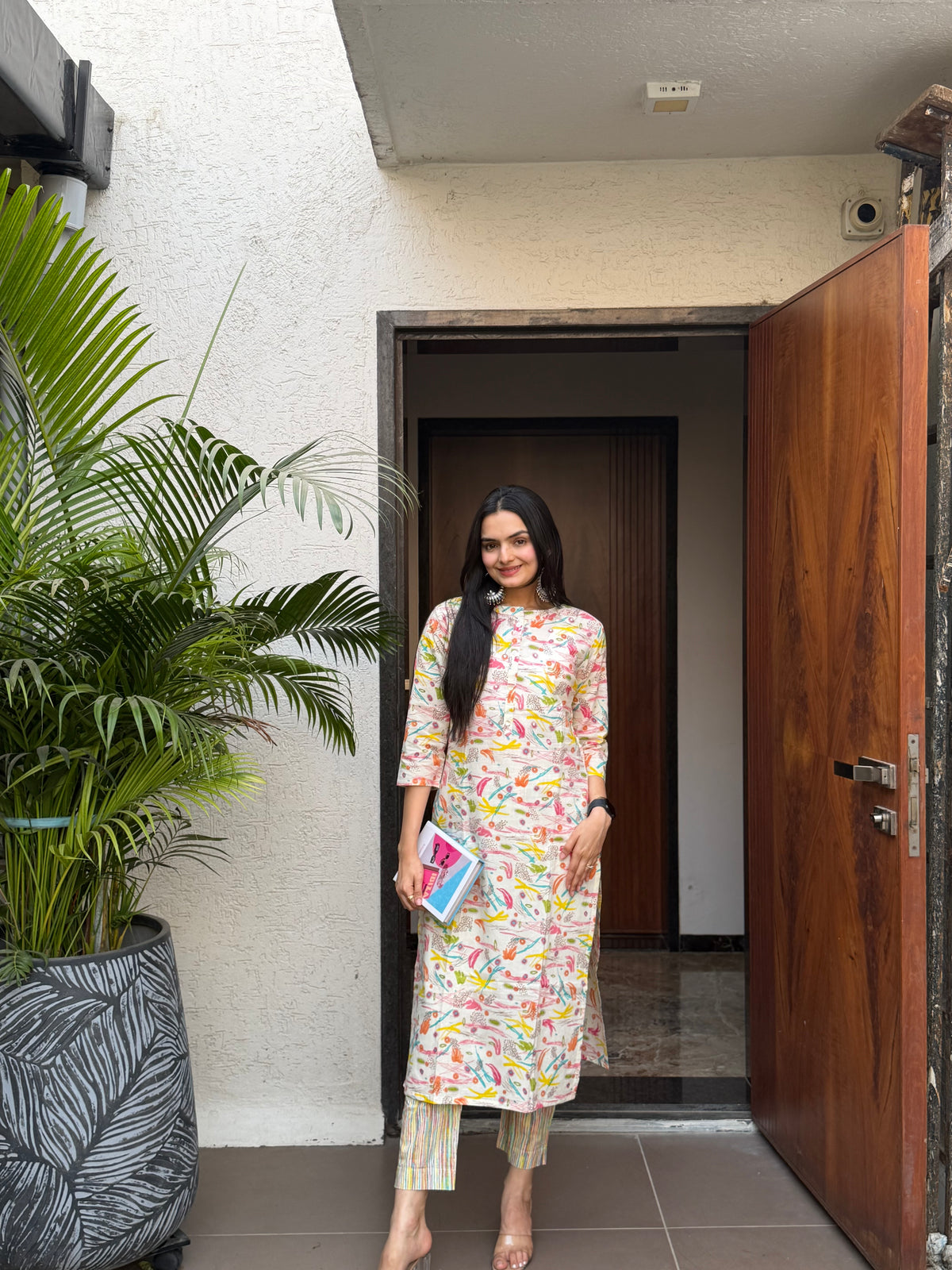 Cream Brush Print kurti pant set