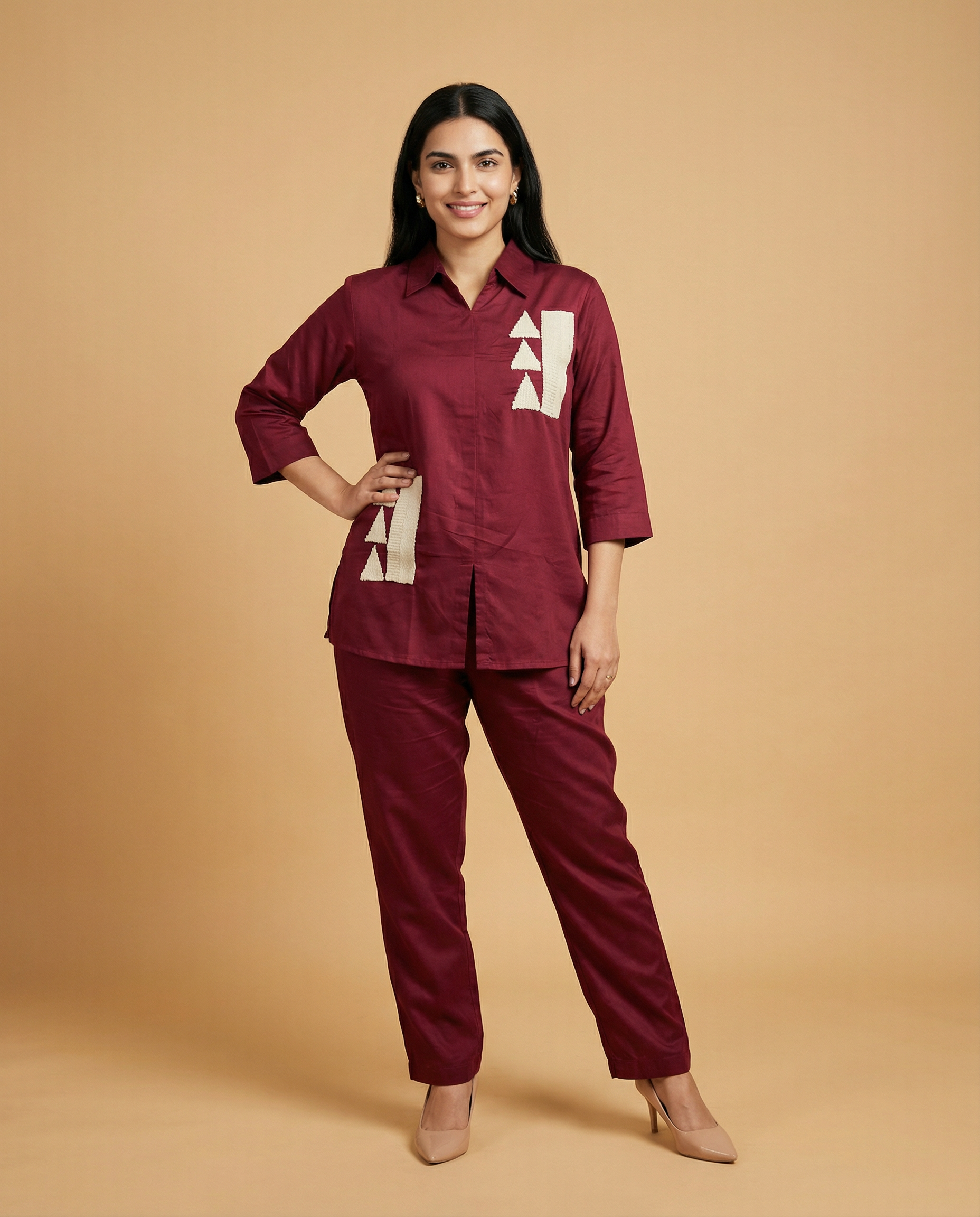Maroon Whimsy Thread Work Giza Silk Coord Set