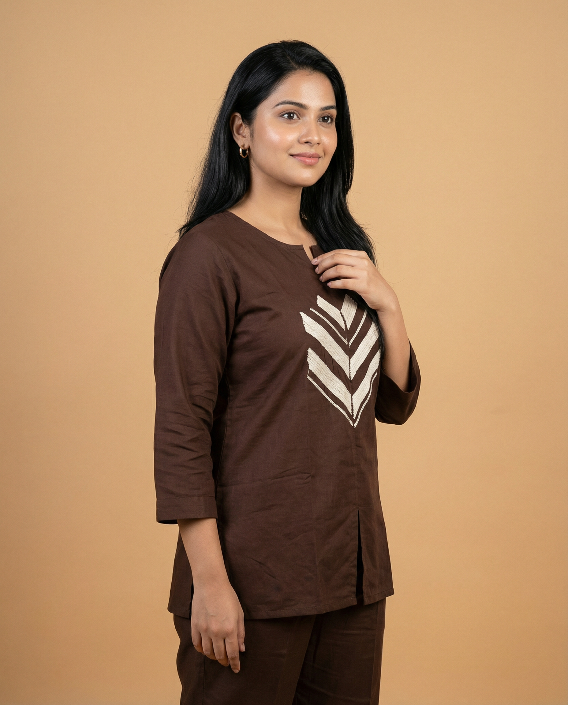 Cocoa Brown Embroidered Giza Silk Coord Set