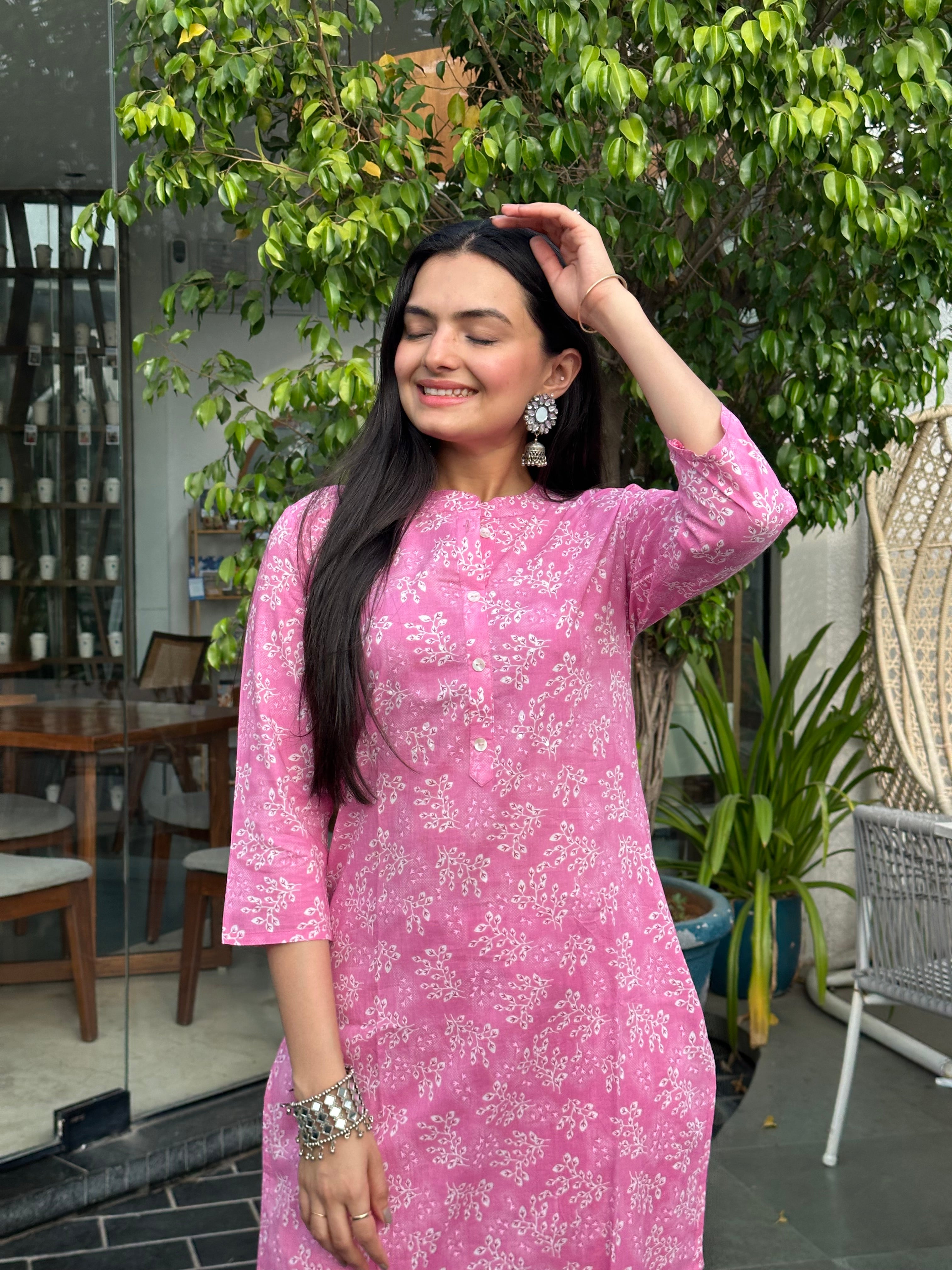 Flamingo Pink Nature Leaf Print Kurti Pant Set