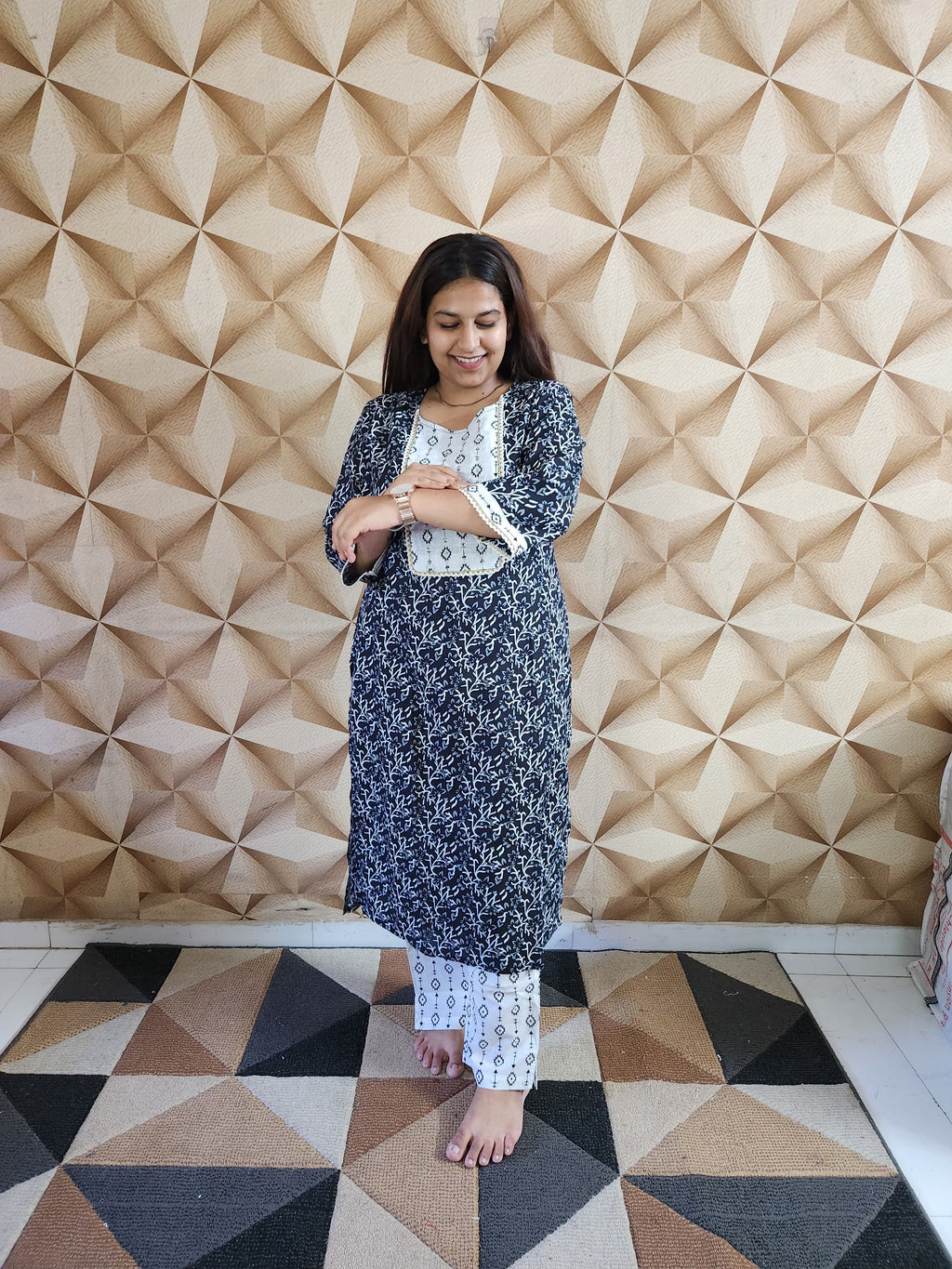 Deep Navy Blue and White Printed Kurti Pant Set