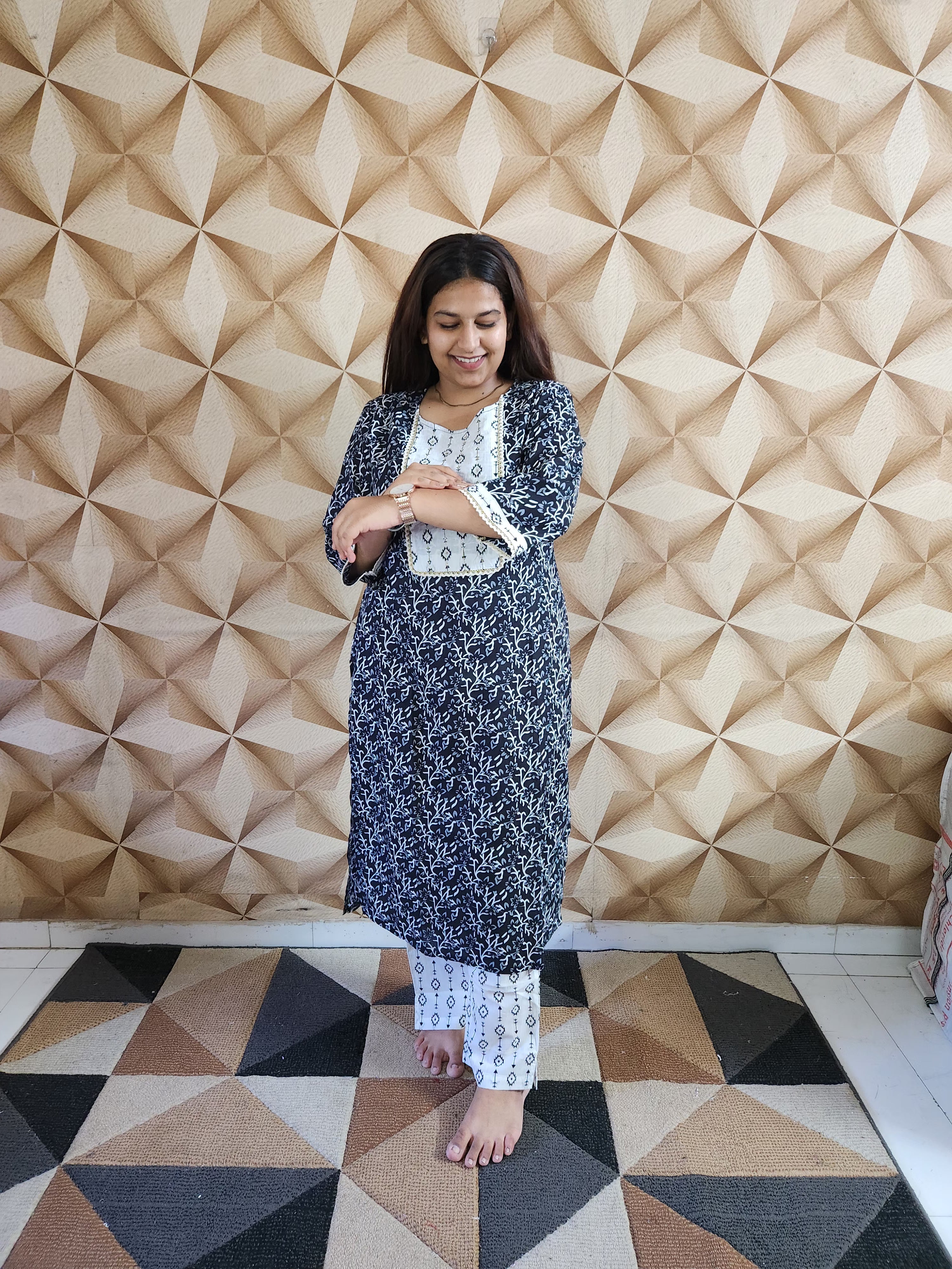 Deep Navy Blue and White Printed Kurti Pant Set