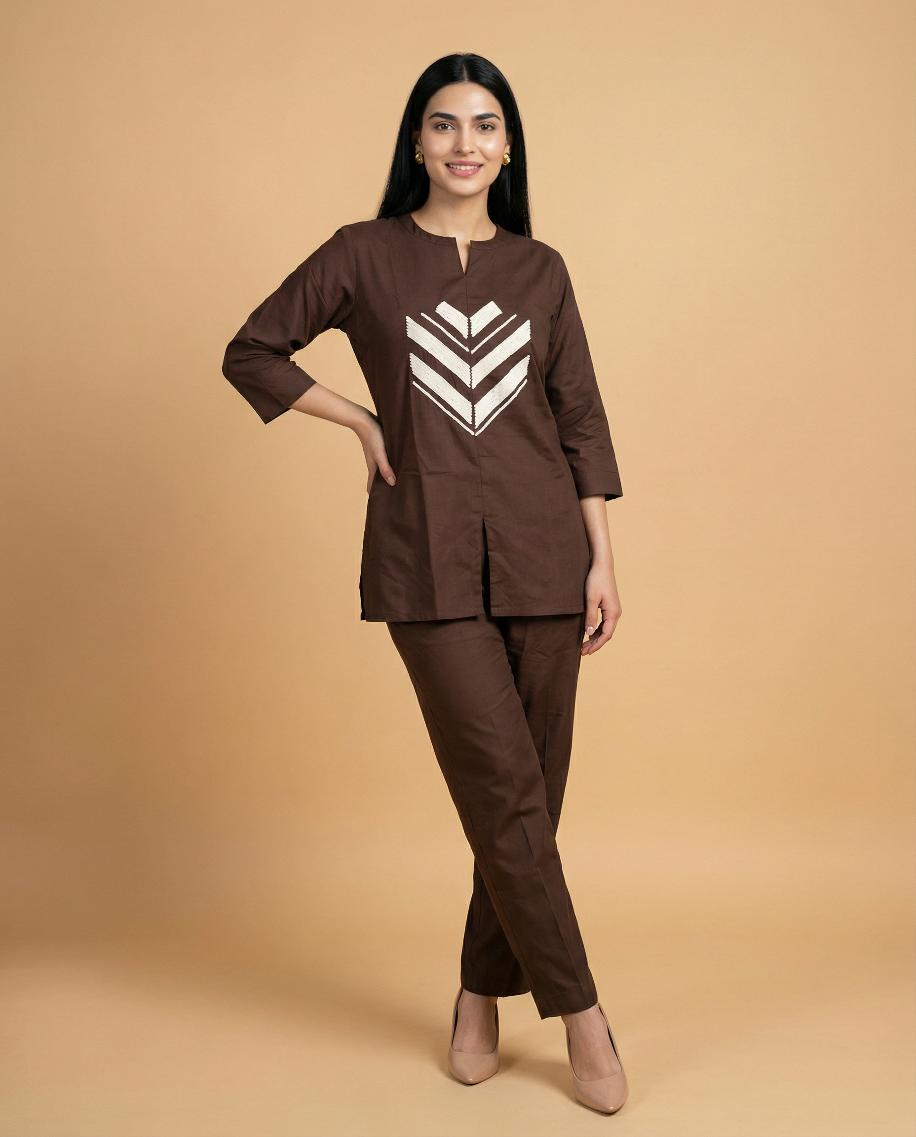 Cocoa Brown Embroidered Giza Silk Coord Set