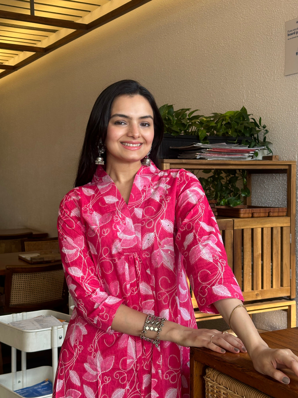 Deep Pink Leaf Print A-Line Kurti Pant Set
