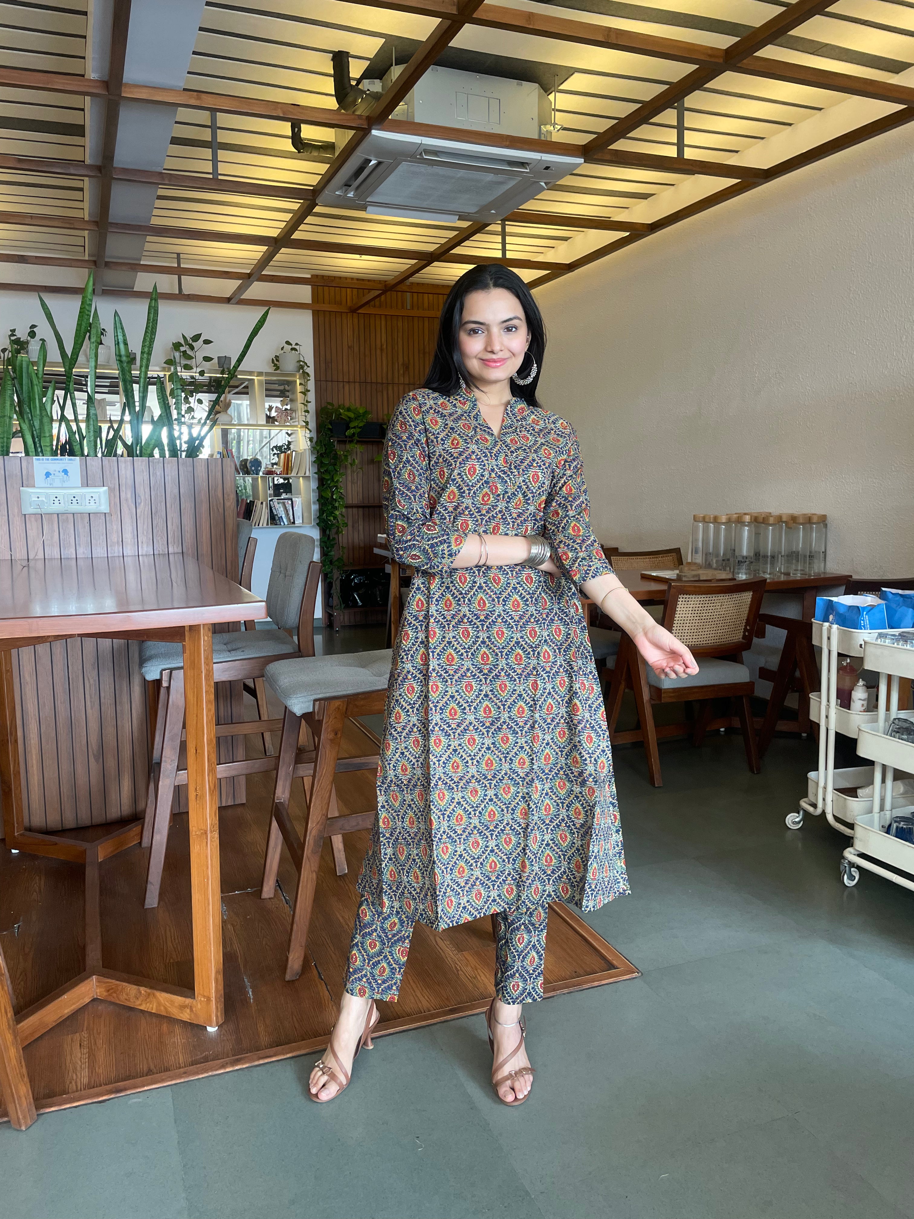Eternal Indigo Grace Kalamkari Print A-Line Kurti Pant Set