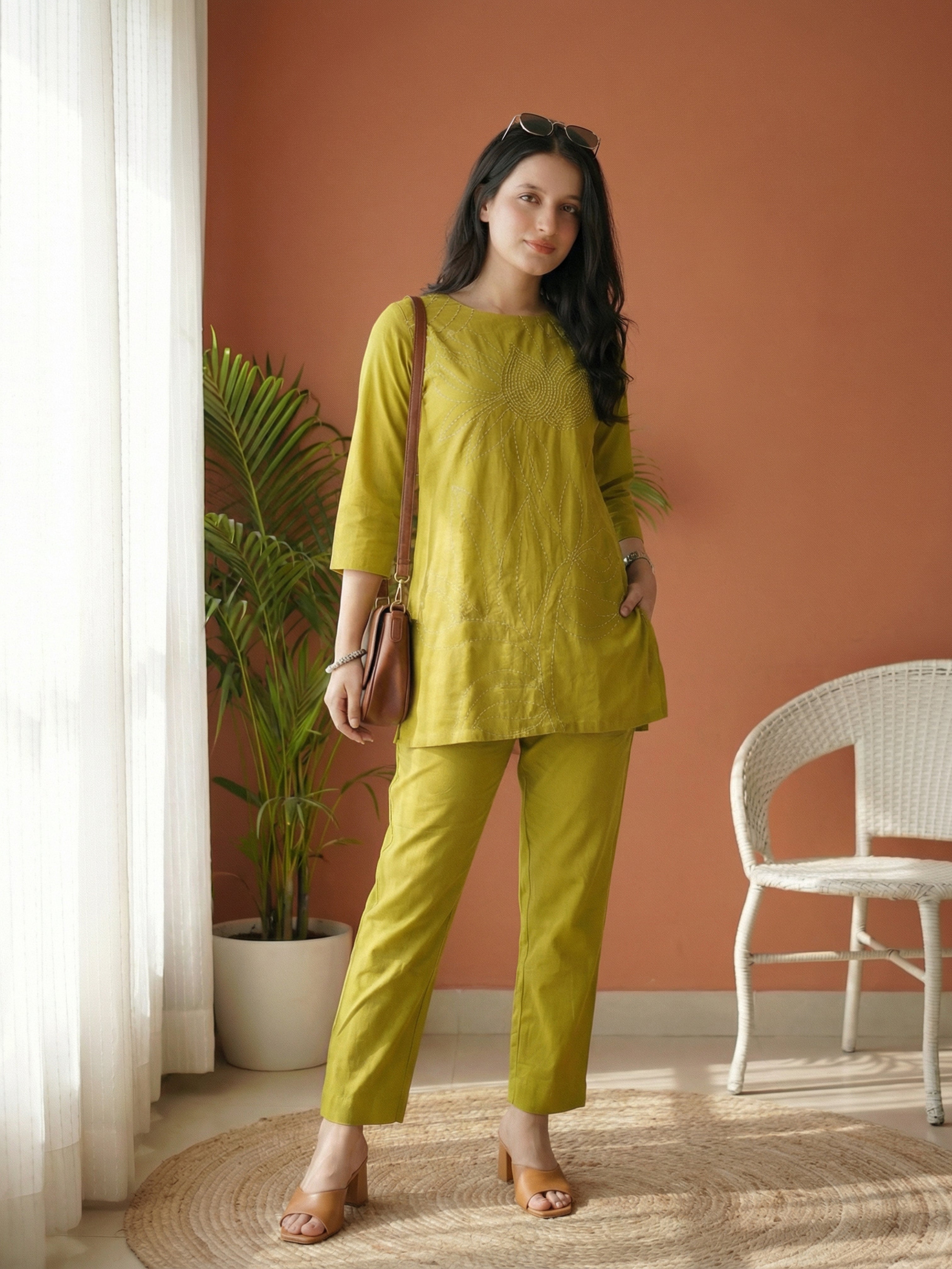 Abstract Embroidery Green Cotton Flex Co-ord Set