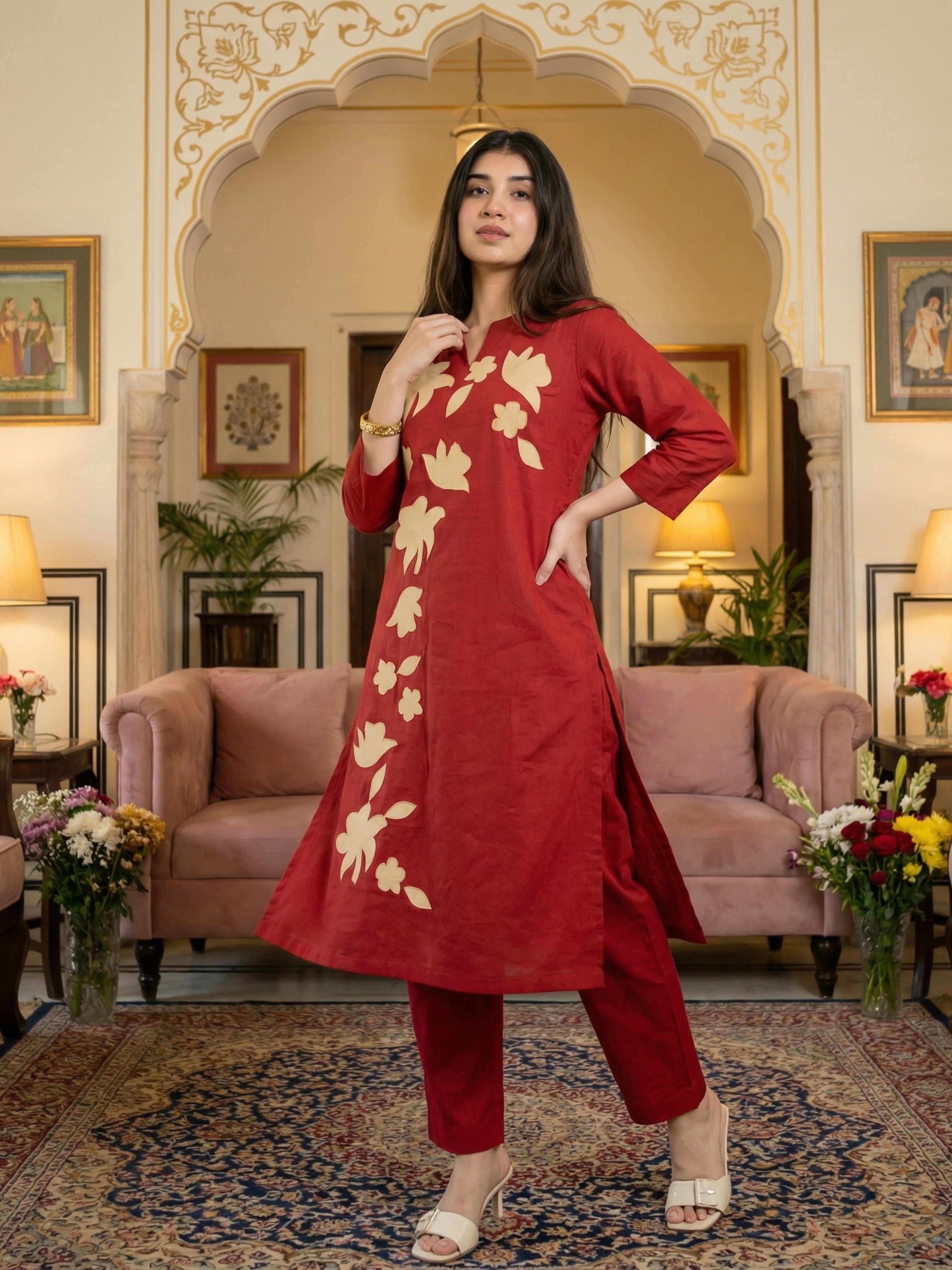 Crimson Breeze Abstract Cotton Co-ord Set