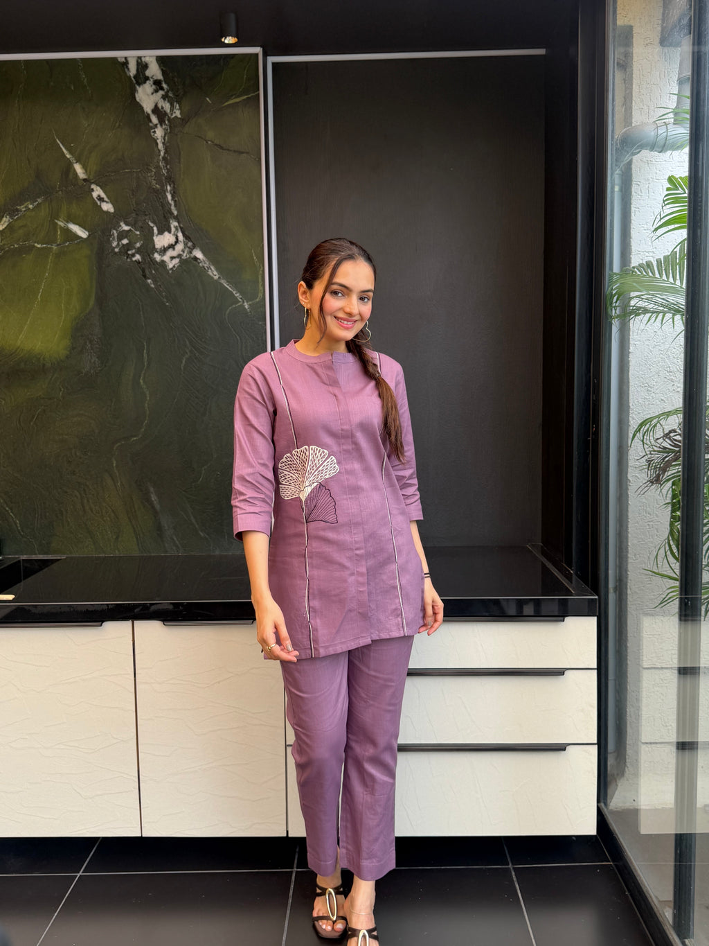 Plum Twilight Pure Linen Buttercup Applique Coord Set