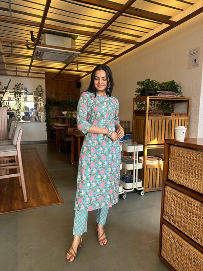 Turkish Blue Sanganeri Print Kurti Pant Set