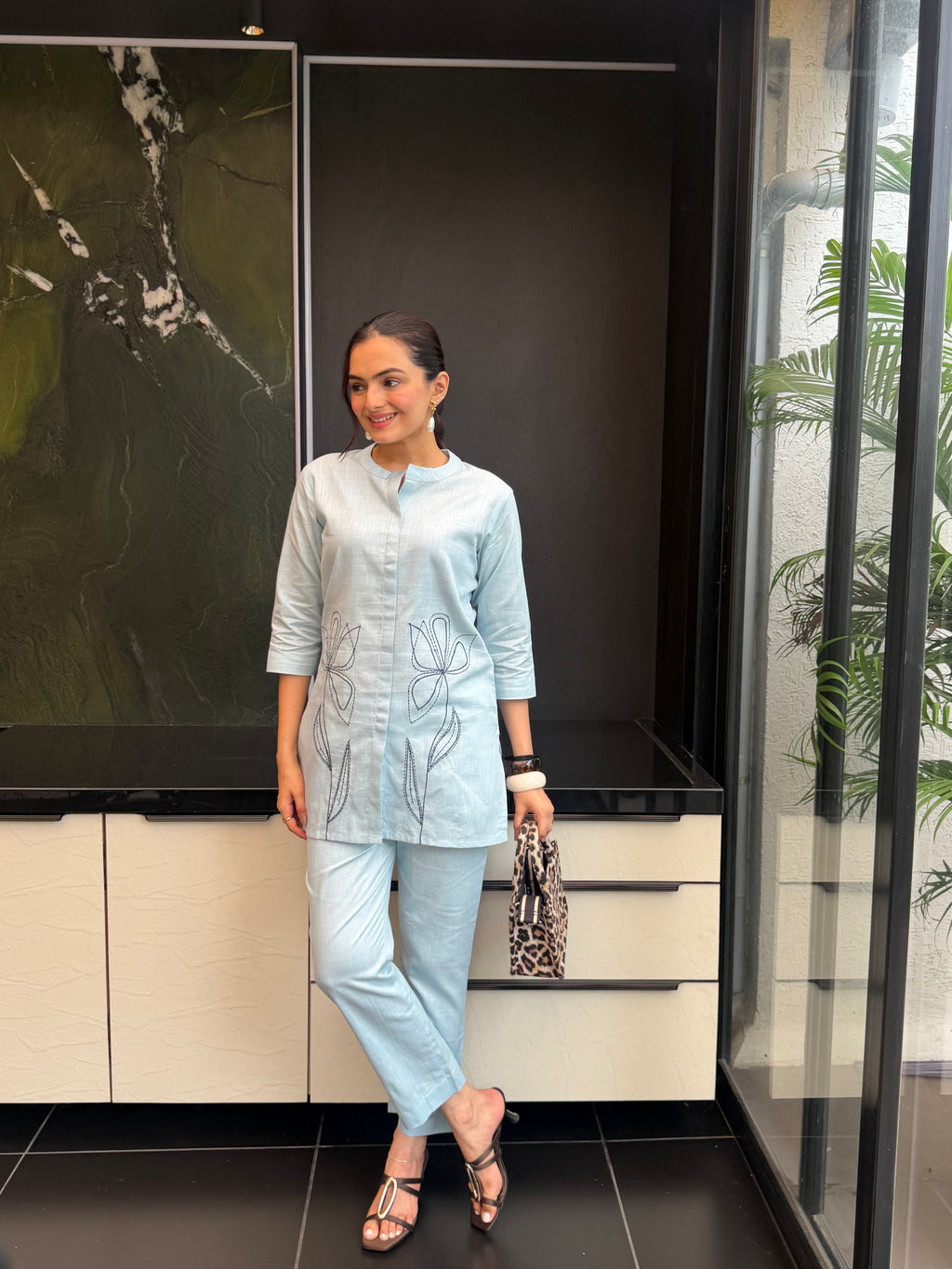Lunara Blue Pure Linen Lily Leaf Embroidered Coord Set