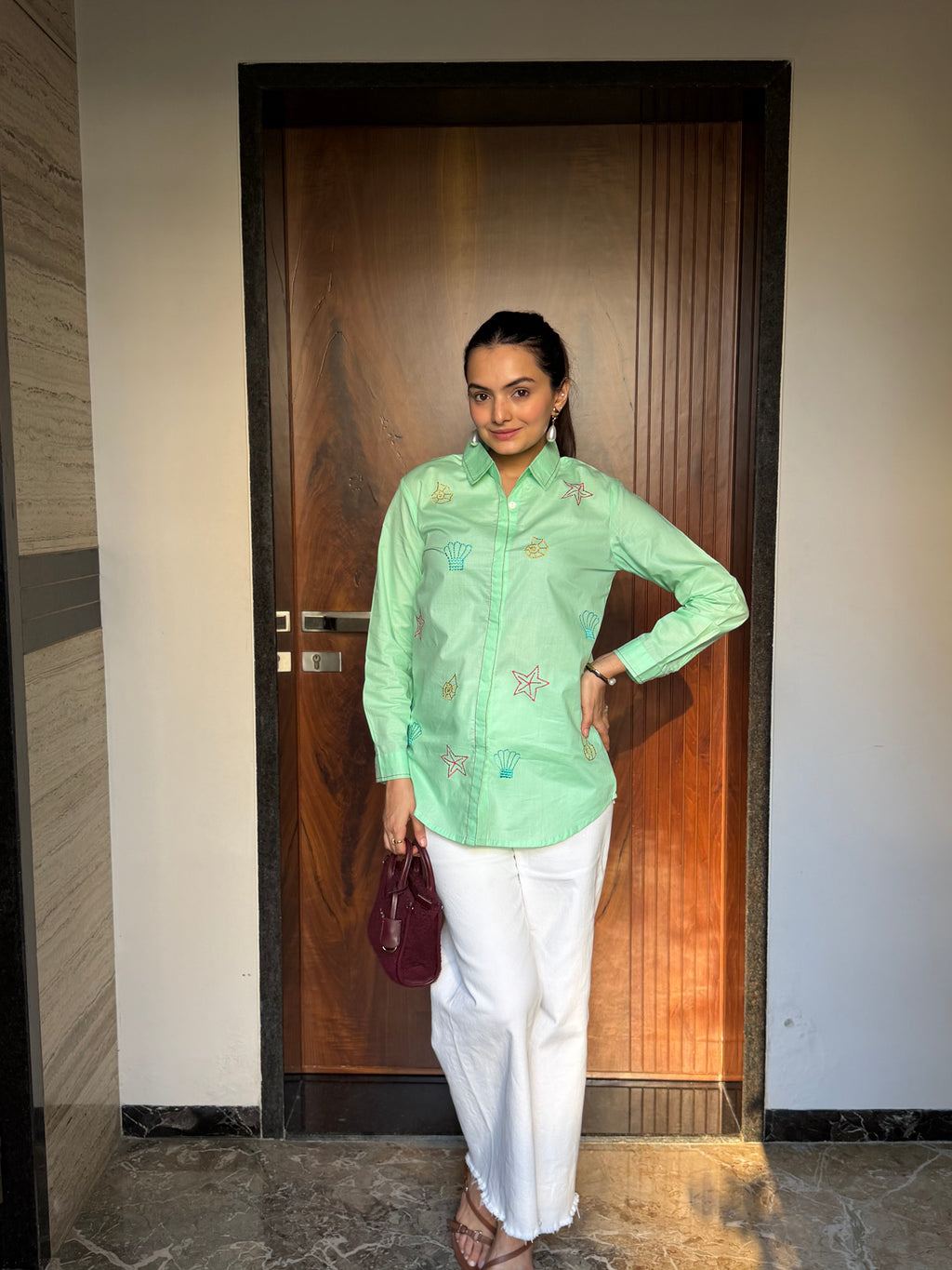 Pistachio Marine Life Embroidered Rich Poplin Shirt
