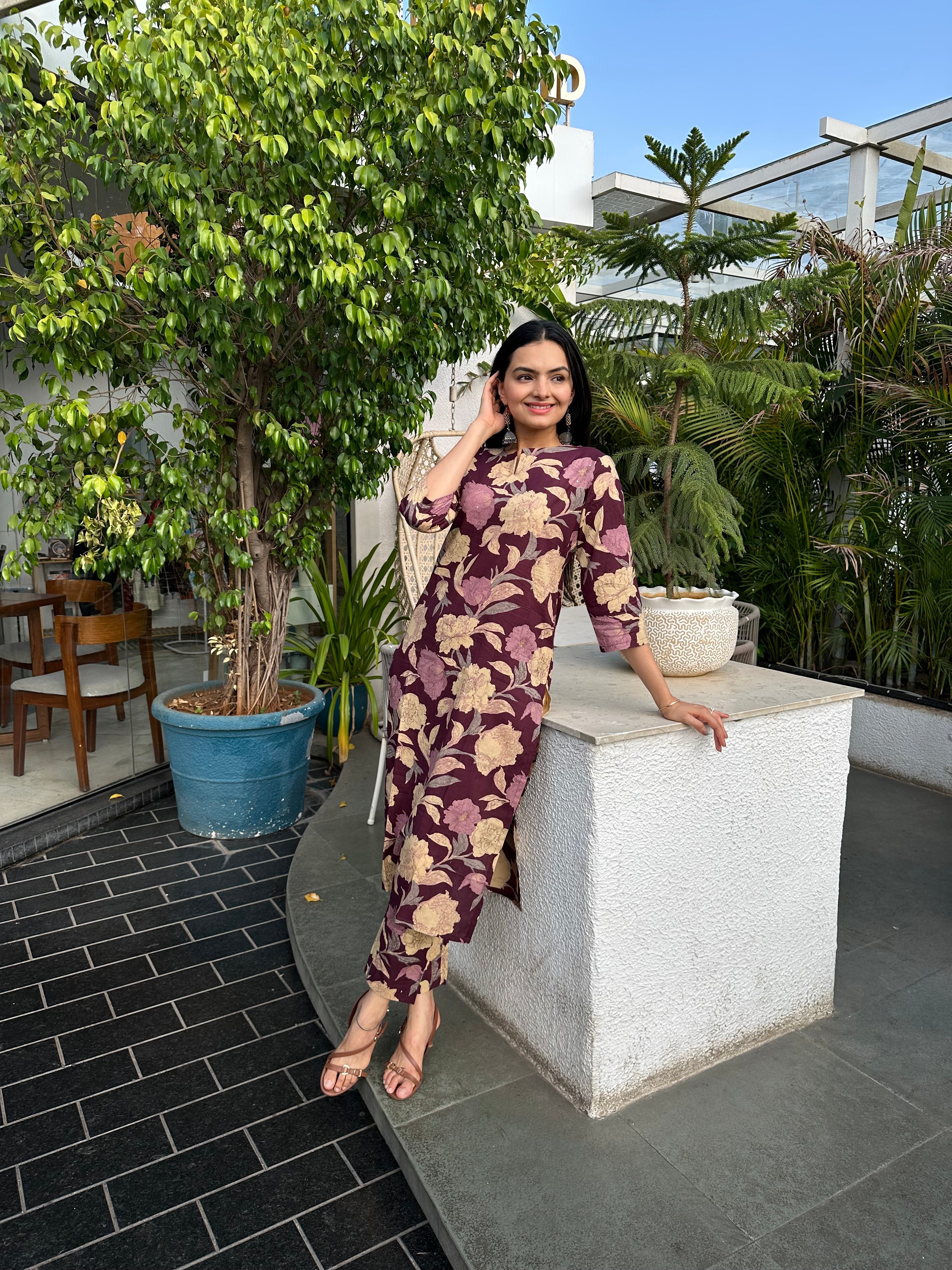 Wine Floral Foil Printed Kurta Set