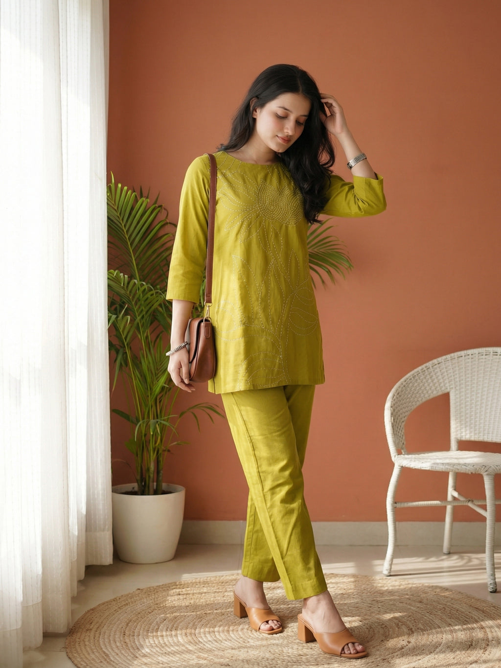 Abstract Embroidery Green Cotton Flex Co-ord Set