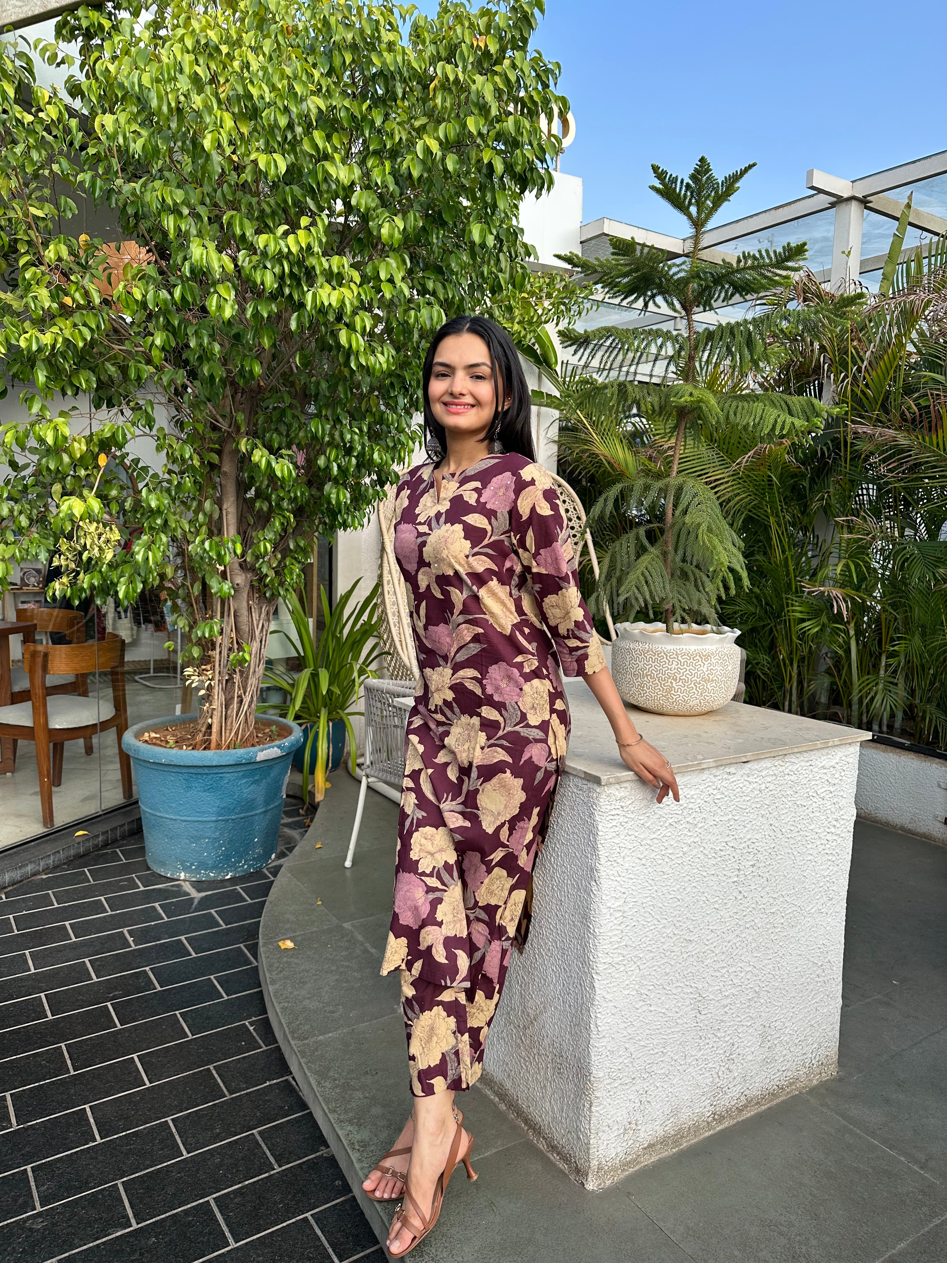 Wine Floral Foil Printed Kurta Set