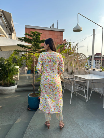 Cream Brush Print kurti pant set