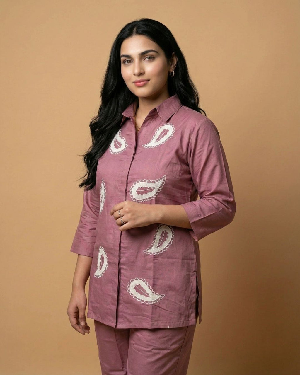 Blush Peach Keri Applique Giza Silk Coord Set