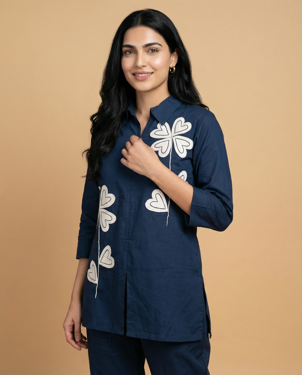 Petrol Blue Applique Giza Silk Coord Set