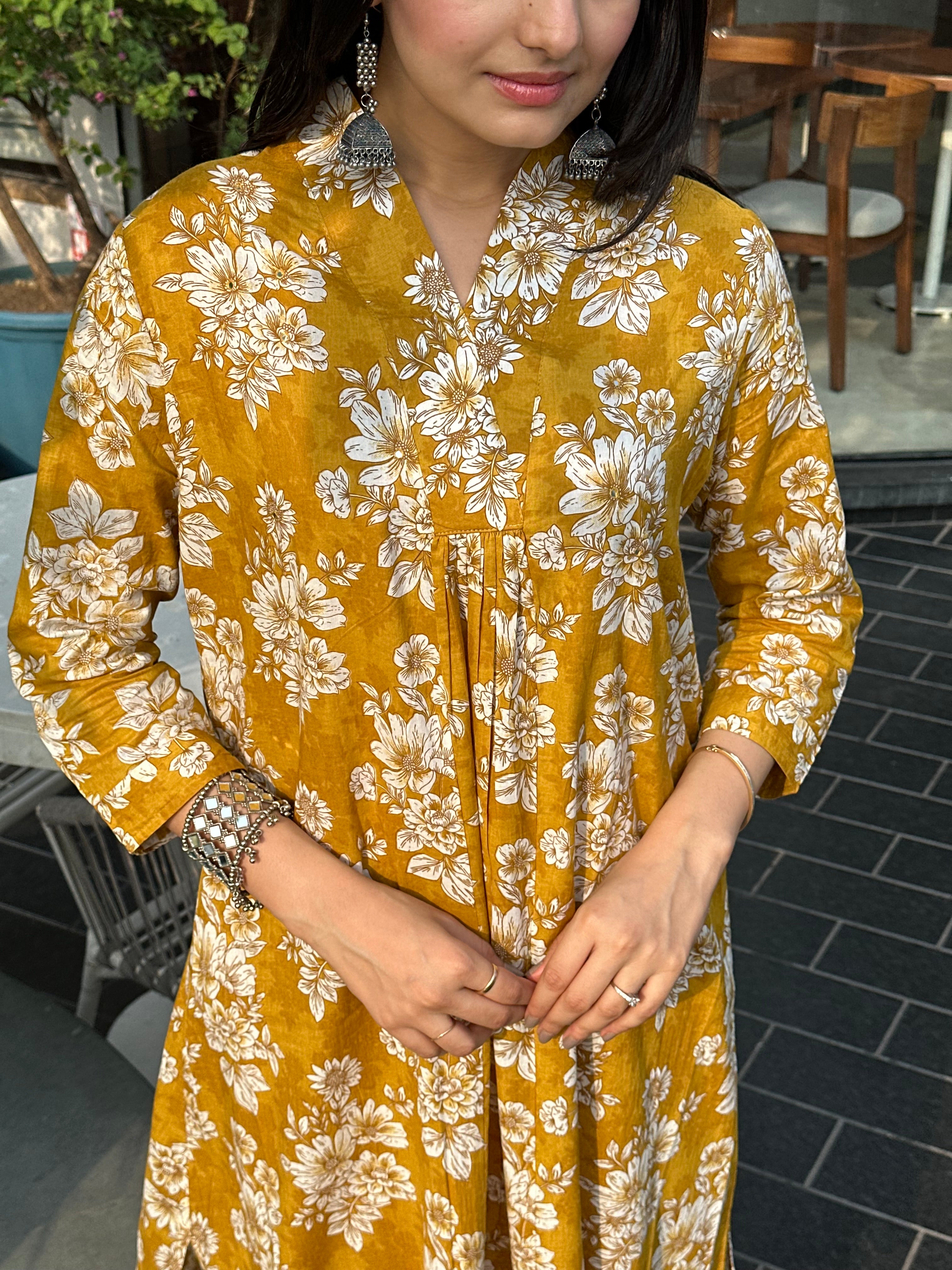 Sunbeam Petals Mustard Floral Print A-Line Kurti Pant Set