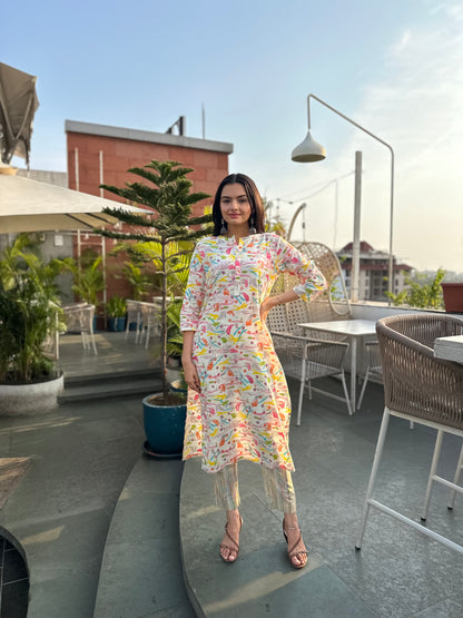 Cream Brush Print kurti pant set