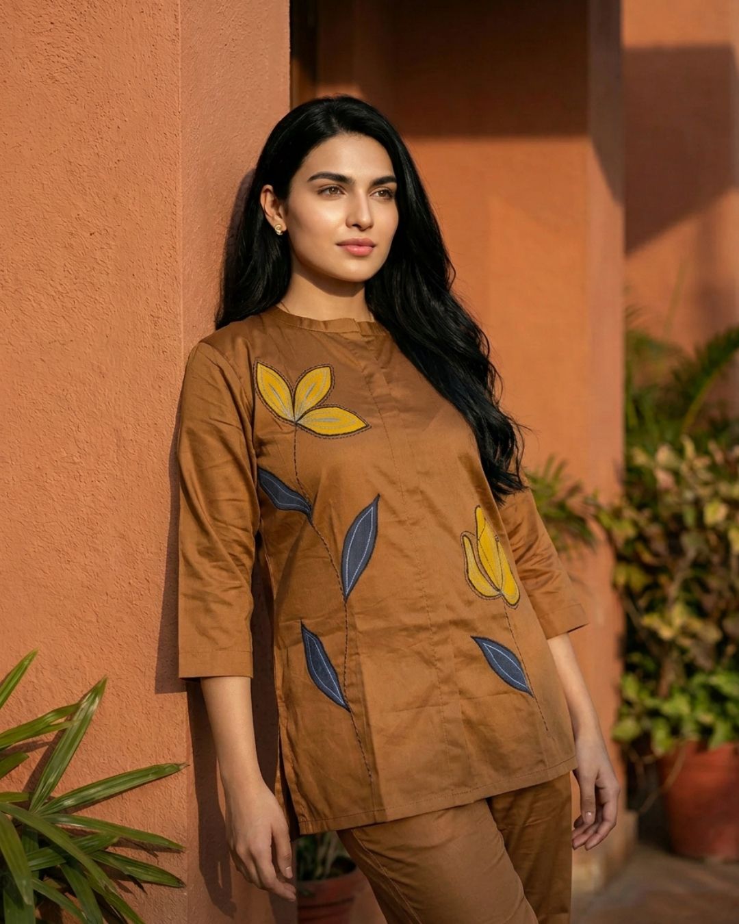 Dune Brown Leaf Applique Giza Silk Coord Set