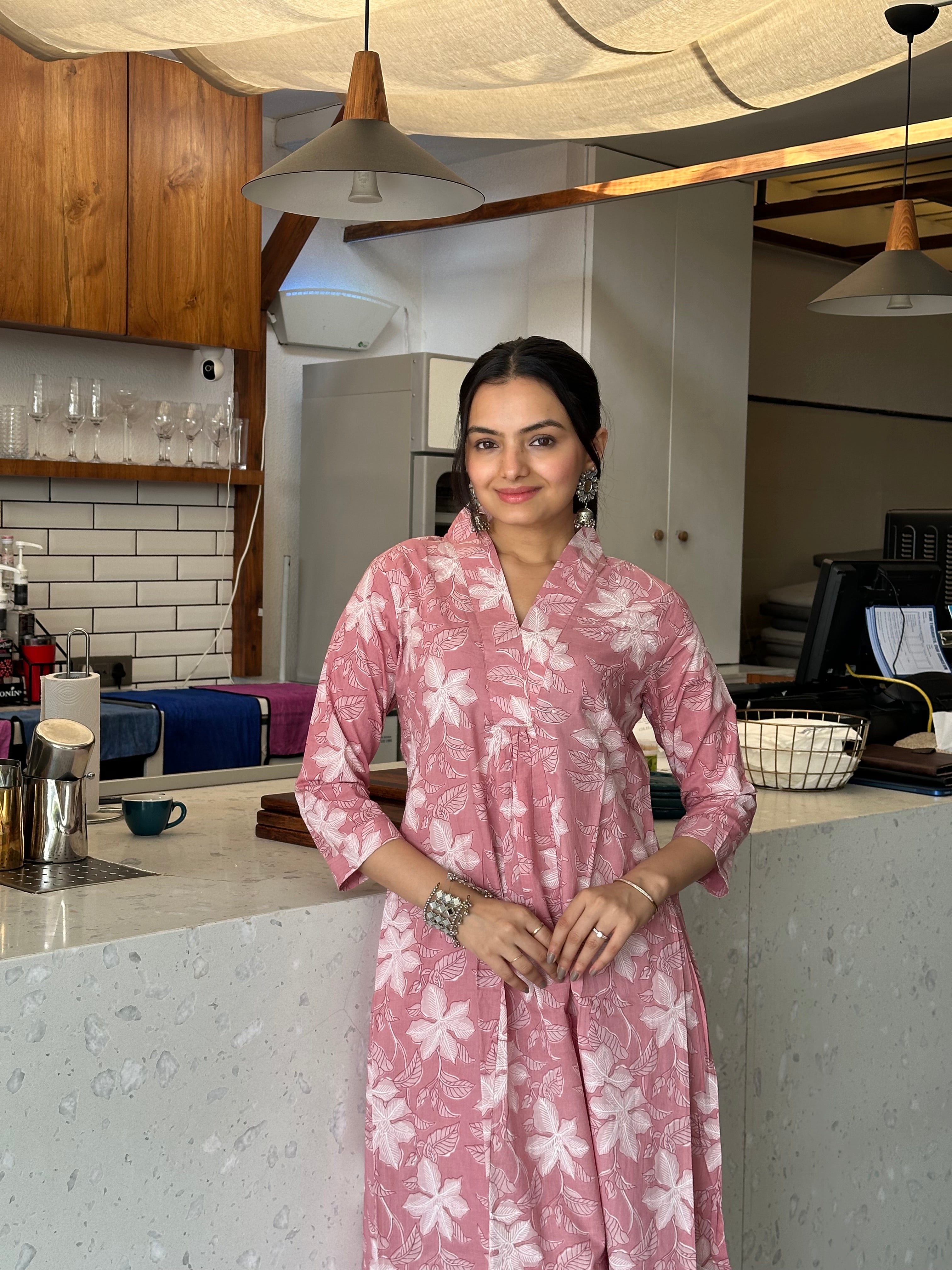 Ethereal Peach Blossom Print A-Line Kurti Pant Set