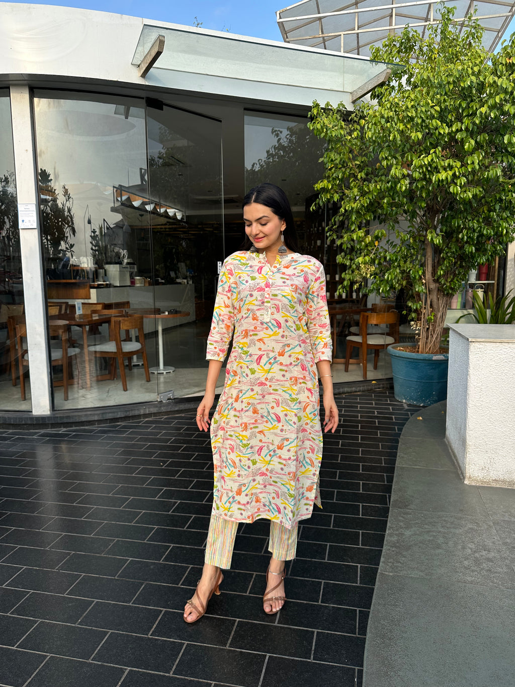 Cream Brush Print kurti pant set